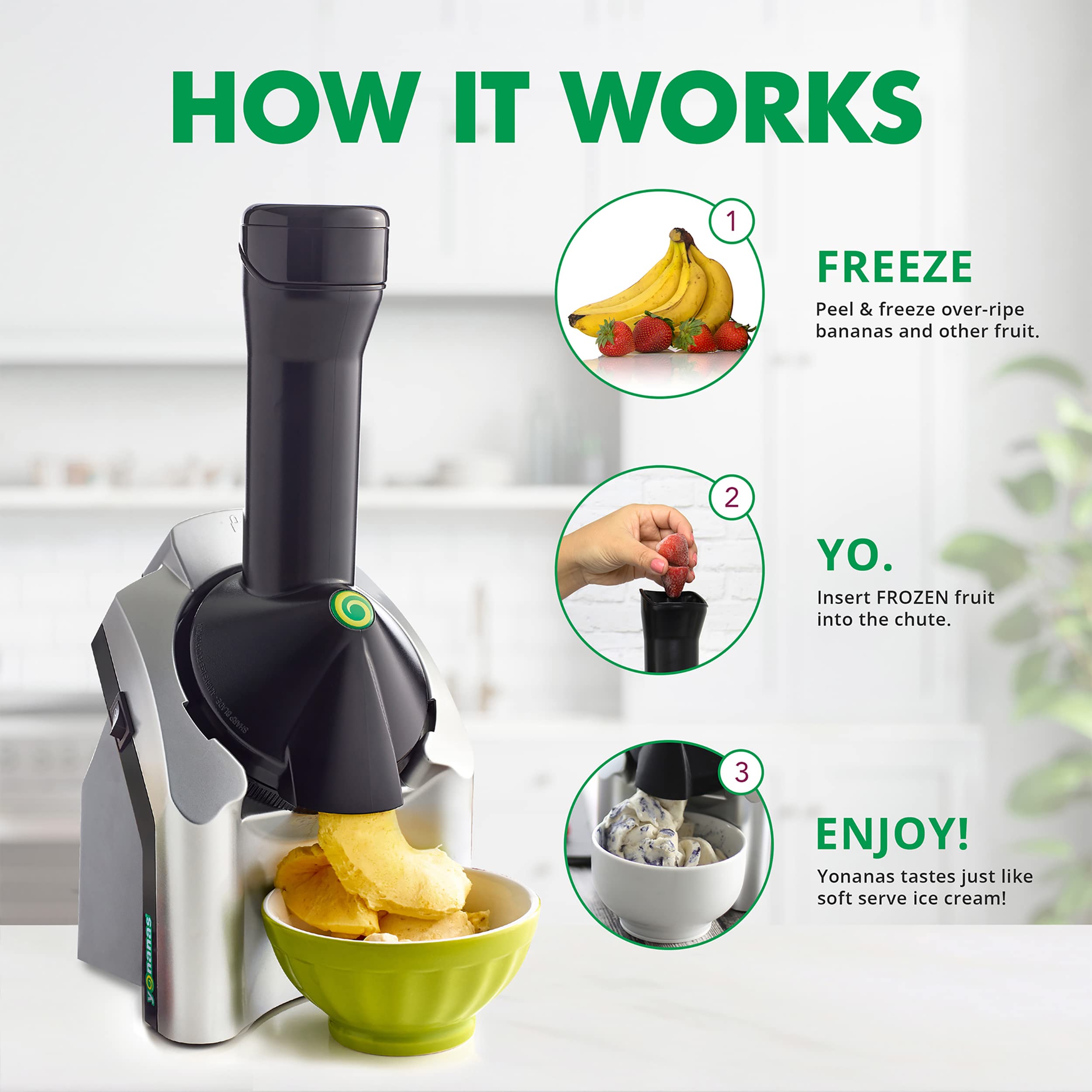 Yonanas 200-Watt Vegan Ice Cream Maker - Dairy-Free Frozen Dessert Machine with 36 Recipes, Silver | Healthy Fruit Soft Serve for Smoothies, Desserts & Kids Snacks