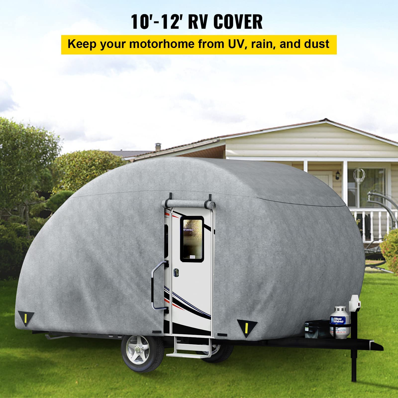 VEVOR 10'-12' Teardrop Trailer Cover - 4-Layer UV-Proof Waterproof Camper Cover with Windproof Straps & Storage Bag - Perfect for Outdoor Travel & Winter Storage Protection
