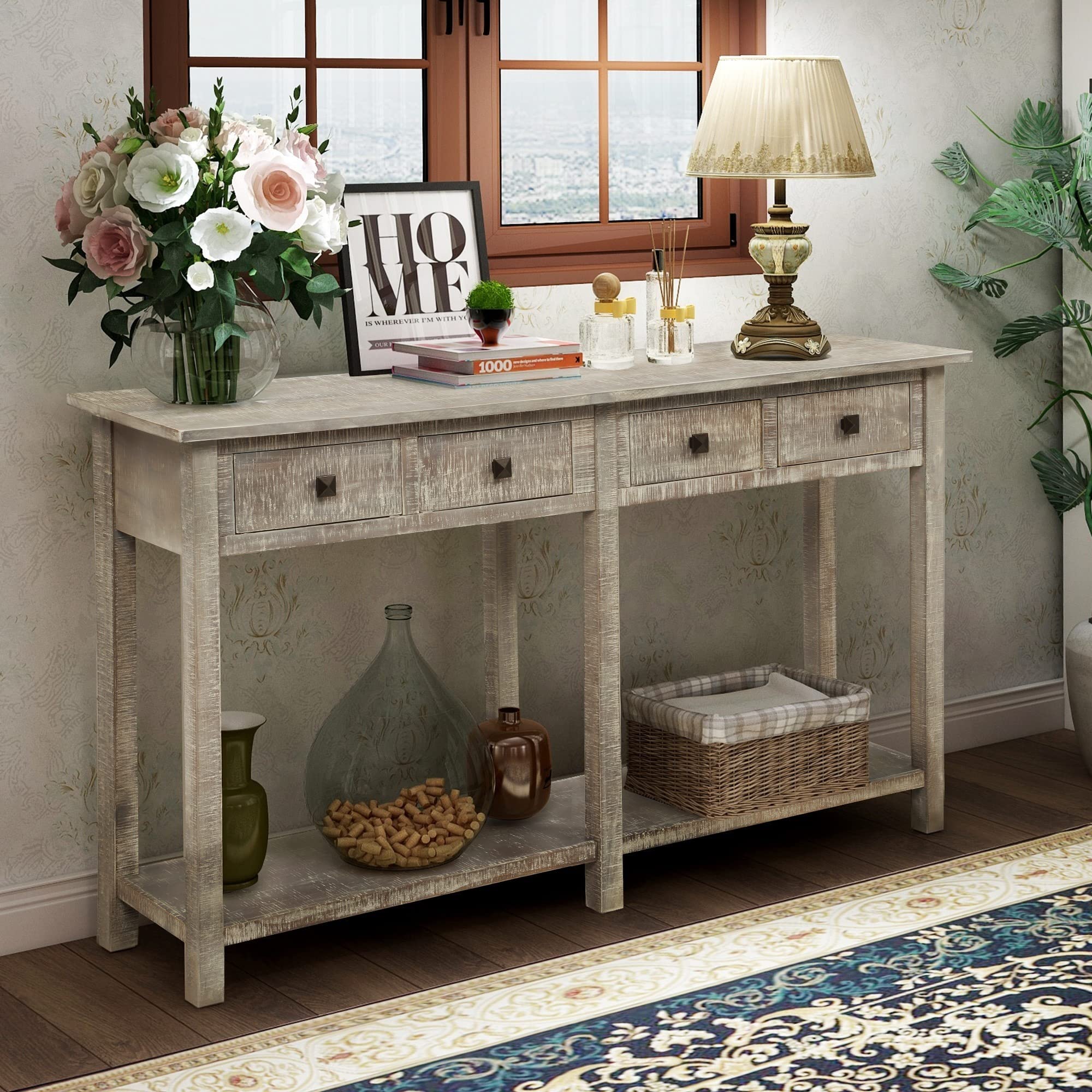 Rustic Brushed Texture Entryway Table with Drawers & Bottom Shelf - Grey Wash Console Table for Living Room, Hallway & Entryway Decor