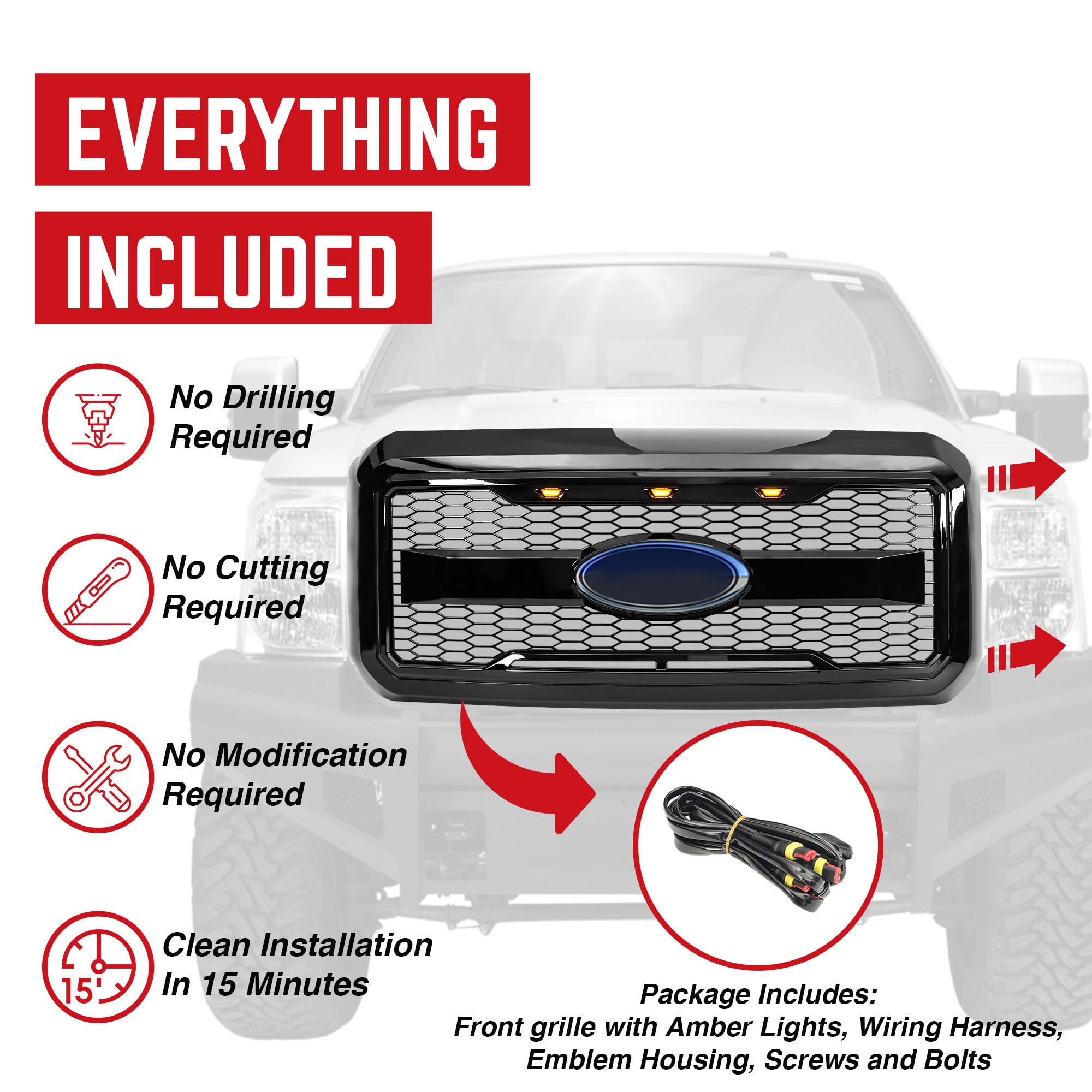 **2011-2016 Ford F250 F350 F450 F550 Raptor Style Front Grille with Amber LED Lights & Emblem Base - Glossy Black | Off-Road & Truck Customization Upgrade**    *(Use Case: Enhance your Ford Super Duty truck's aggressive look and visibility with this durable Raptor-style grille, perfect for off-roading, truck shows, or daily driving.)*