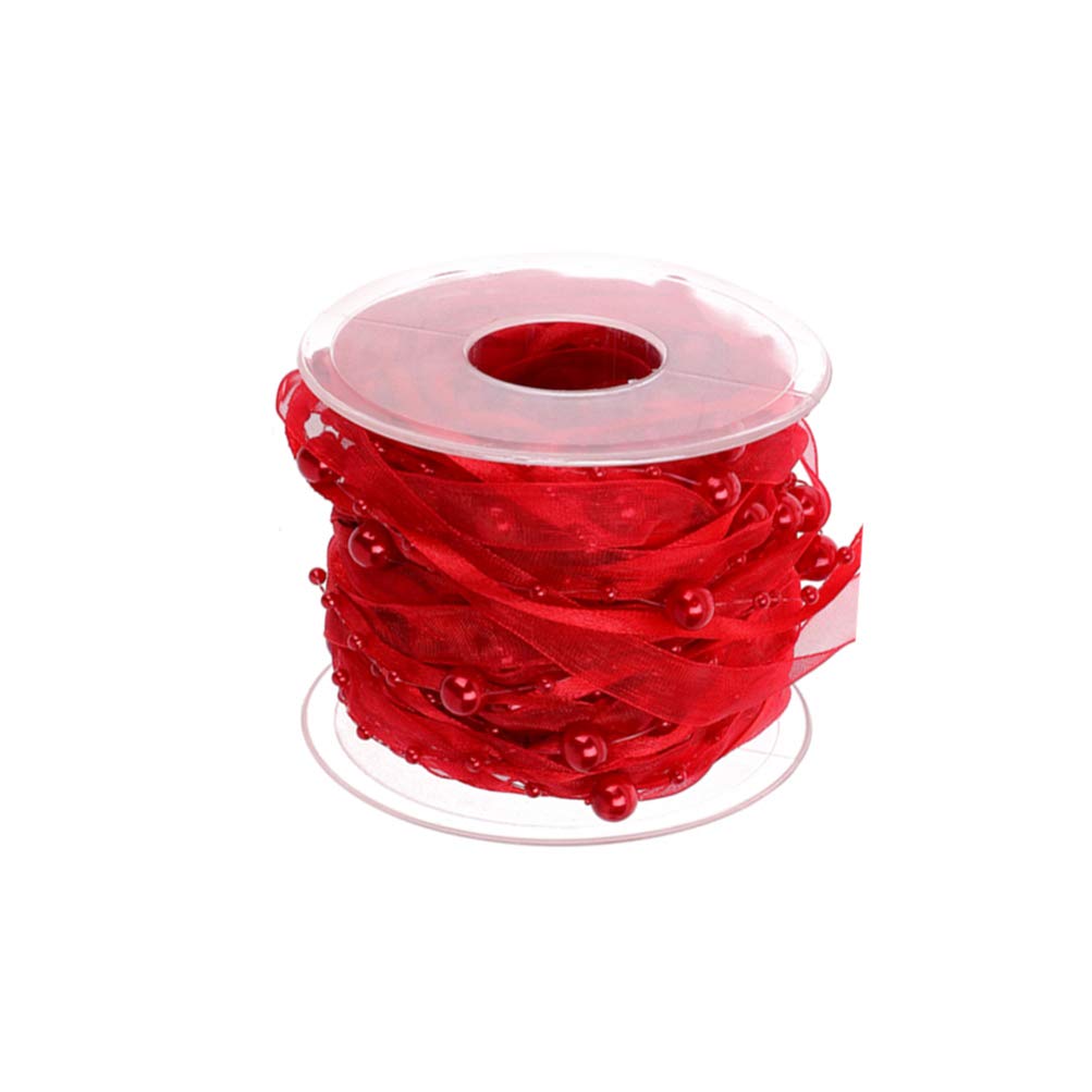 Elegant Red Chiffon Ribbon with Pearl Beads for Wedding Bouquets, Floral Decor, and Craft Garlands – Perfect for Bridal Party, DIY Crafts, and Home Decorations