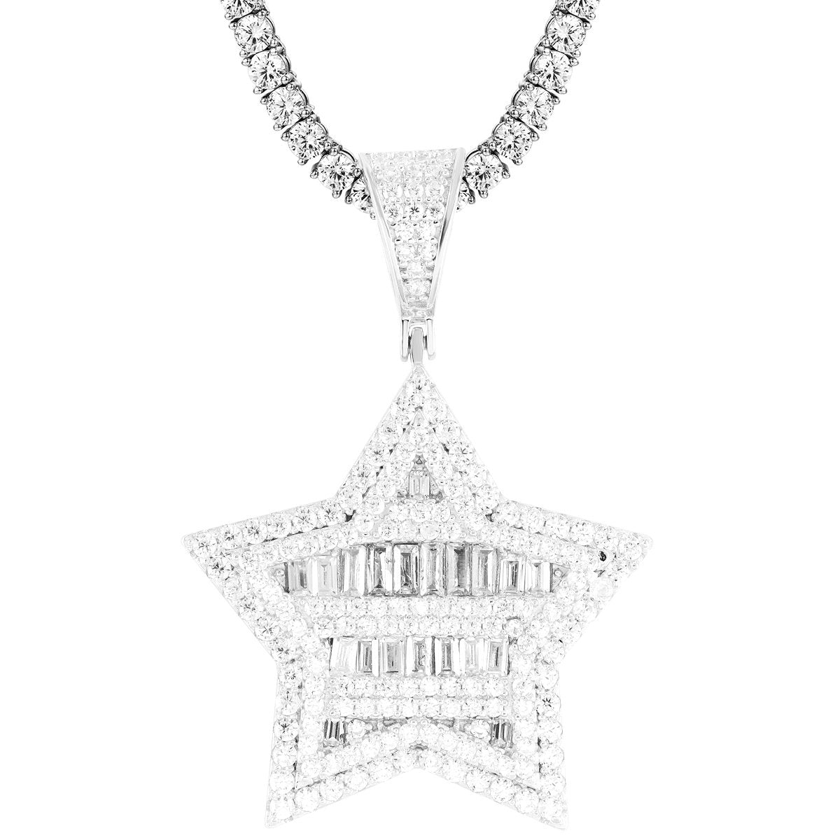 3D Sterling Silver Star Pendant with Baguette Rows - Elegant Necklace for Women, Perfect for Gifts, Parties & Everyday Wear
