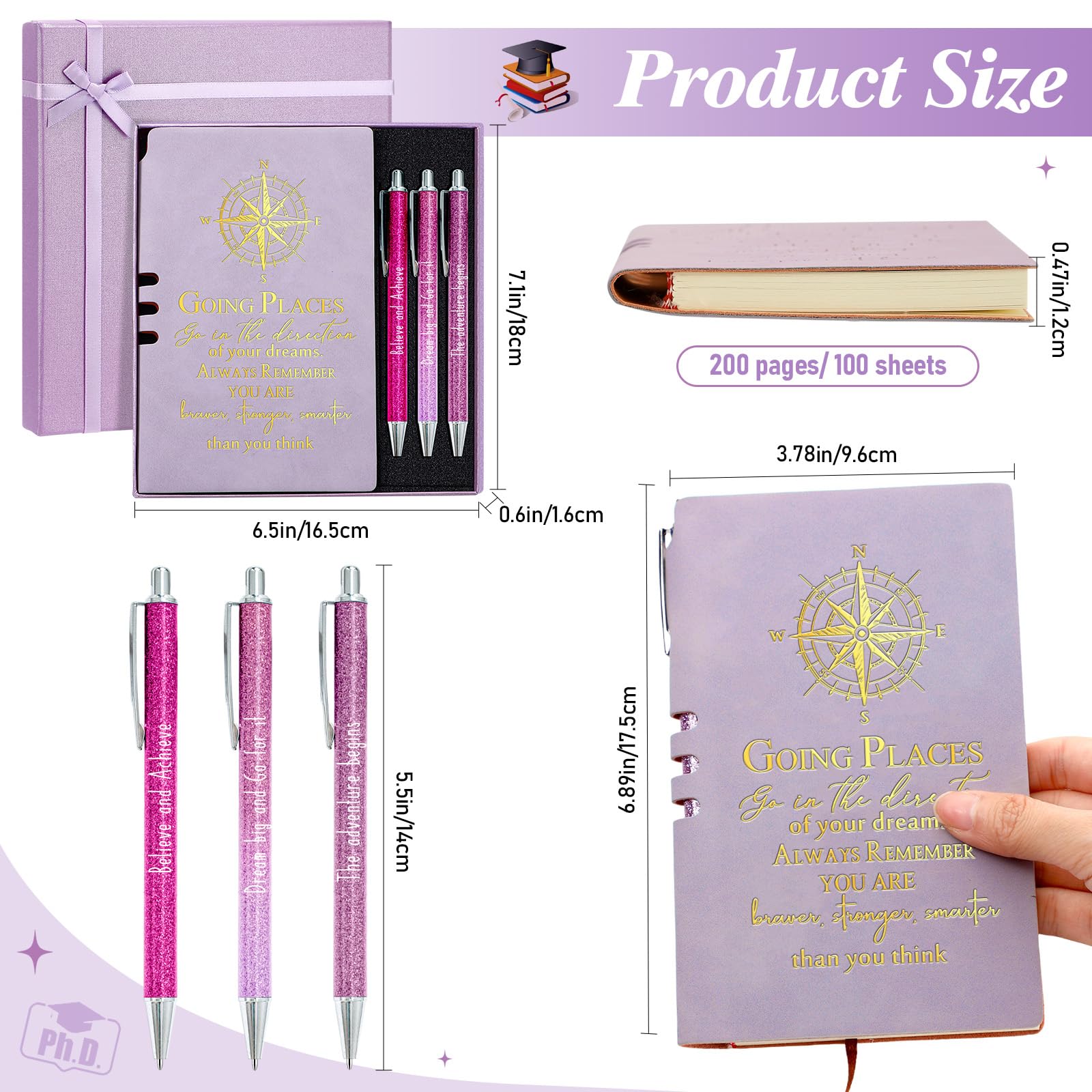 5-Piece Inspirational Journal Gift Set - Purple Leather Notebook & Ballpoint Pen with Gift Box - Perfect Graduation Gifts for College, Senior & Middle School Students - Ideal for Daily Journaling, Note-Taking & Motivational Writing