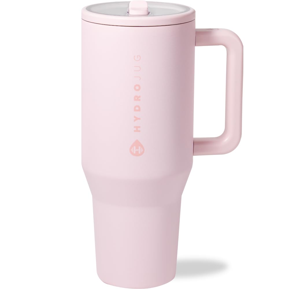 HydroJug Traveler - 40 oz Insulated Stainless Steel Water Bottle with Handle & Flip Straw - Leak Proof Tumbler with Rubber Base - Fits in Cup Holder - Perfect Gift for Women & Men (Pink Sand) - Ideal for Gym, Hiking, Office & Travel Hydration