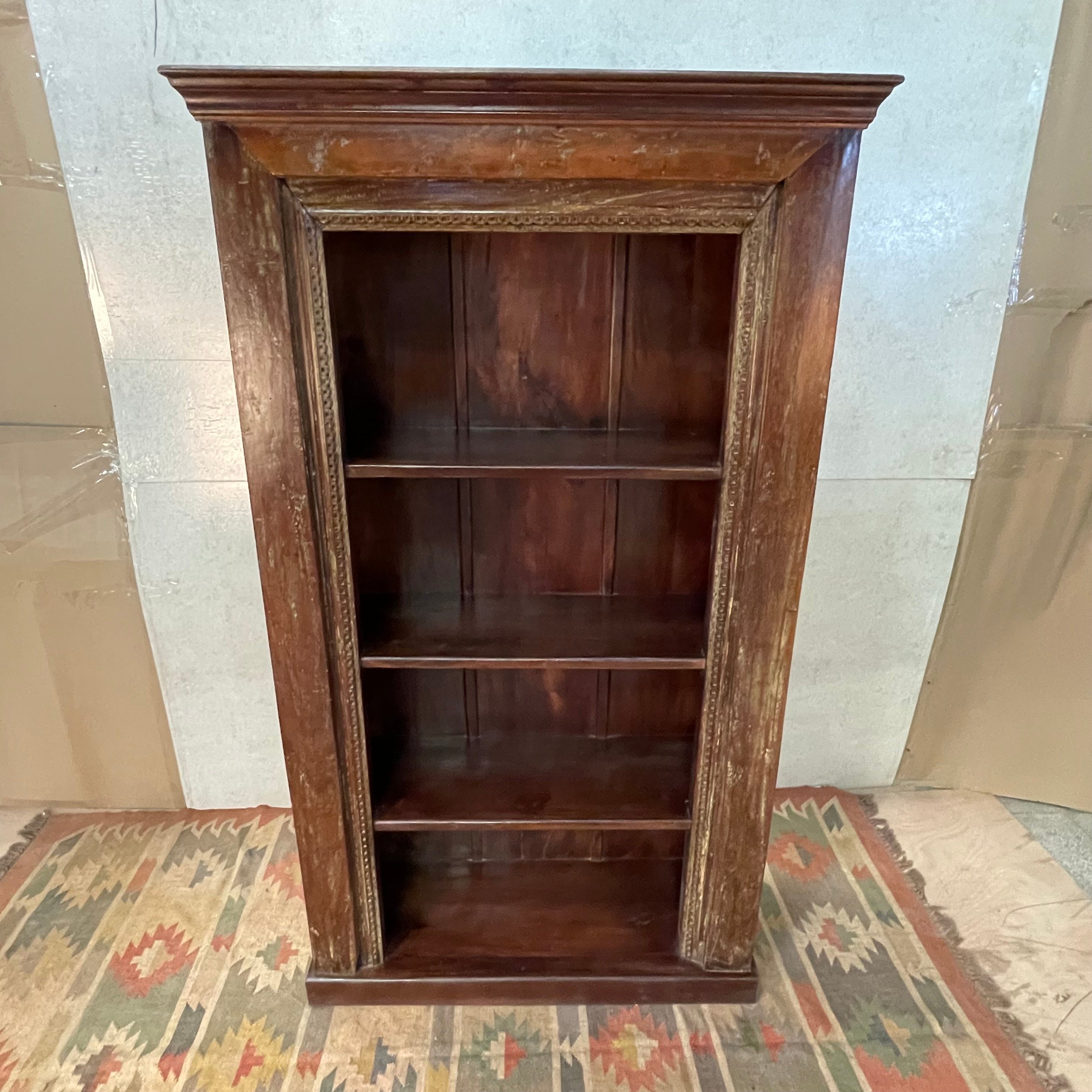 Handcrafted Indian Solid Hardwood Bookshelf - Dark Brown Carved Wooden Bookcase 108x46x205cm - Perfect for Living Room, Study & Office Storage