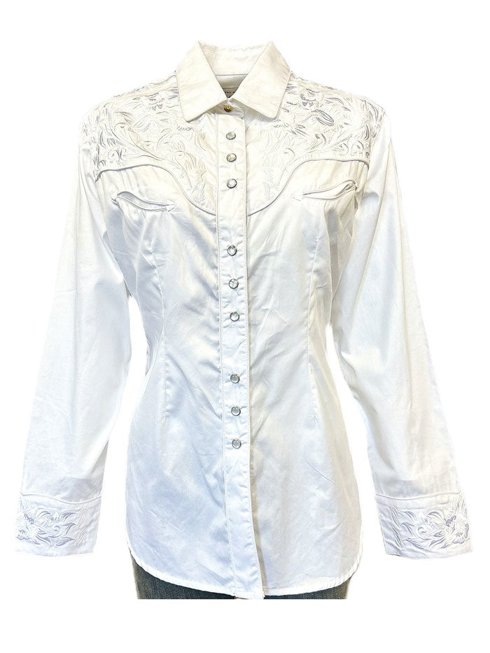 Rockmount 7859 WHT Women's Vintage Tooling Embroidered Western Shirt - White Cowgirl Shirt for Rodeo, Country Music Festivals & Western Fashion