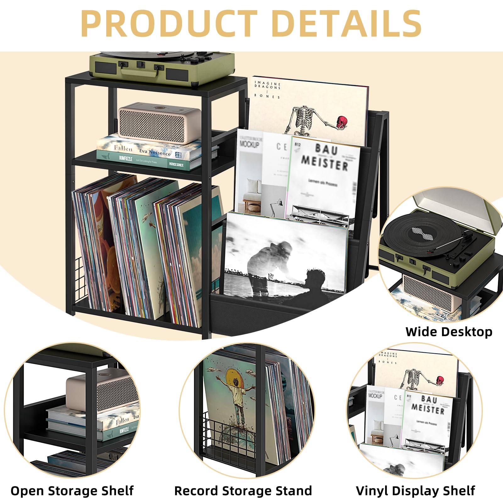 LELELINKY 3-Tier Black End Table with Vinyl Storage - Industrial Record Player Stand Holds 150+ Albums, Side Table with Display Shelf for Living Room, Bedroom & Office - Perfect for Organizing Vinyl Records, Books & Decor