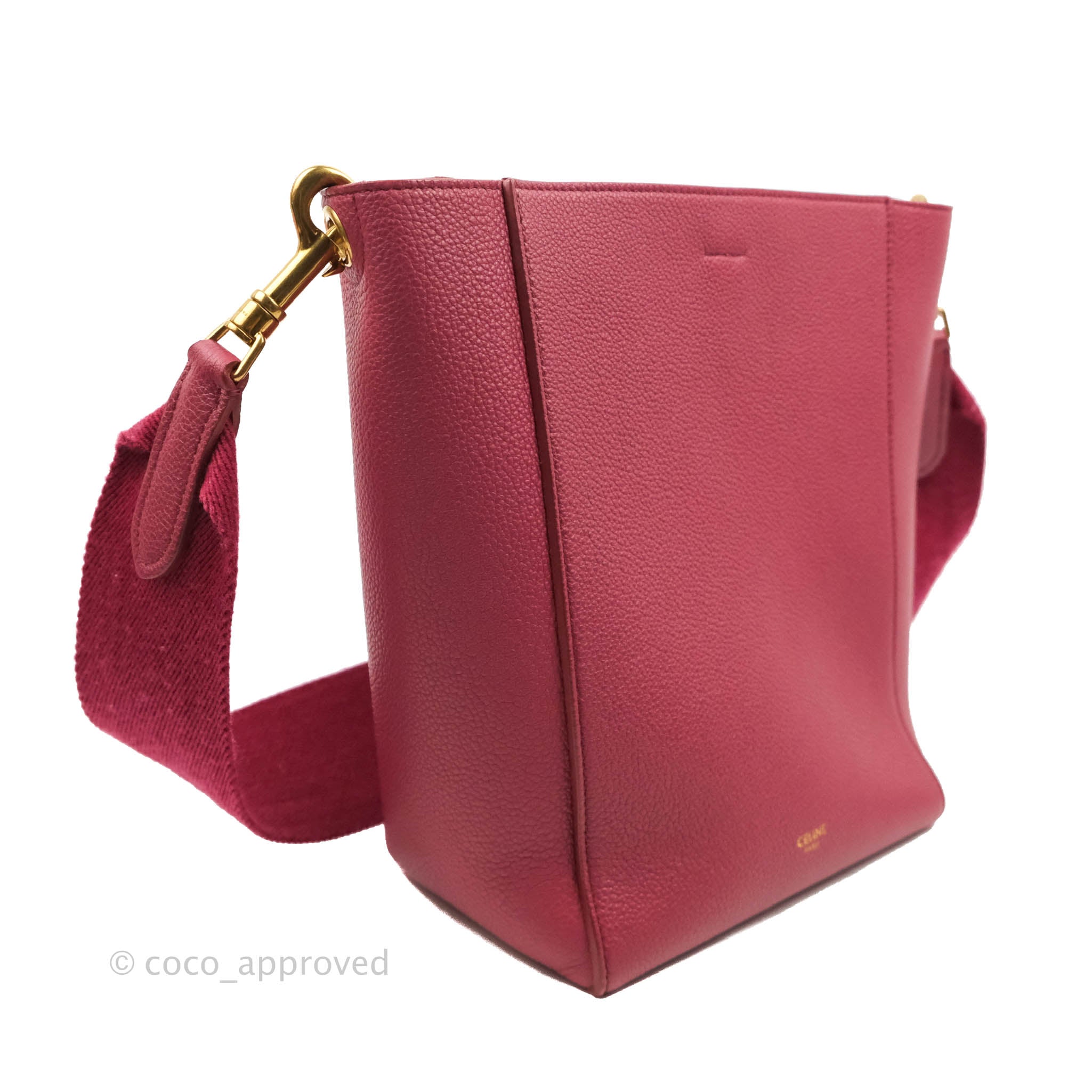 Celine Sangle Bucket Bag in Dark Pink Grained Calfskin with Gold Hardware - Stylish Women's Shoulder Bag for Work, Travel & Everyday Use