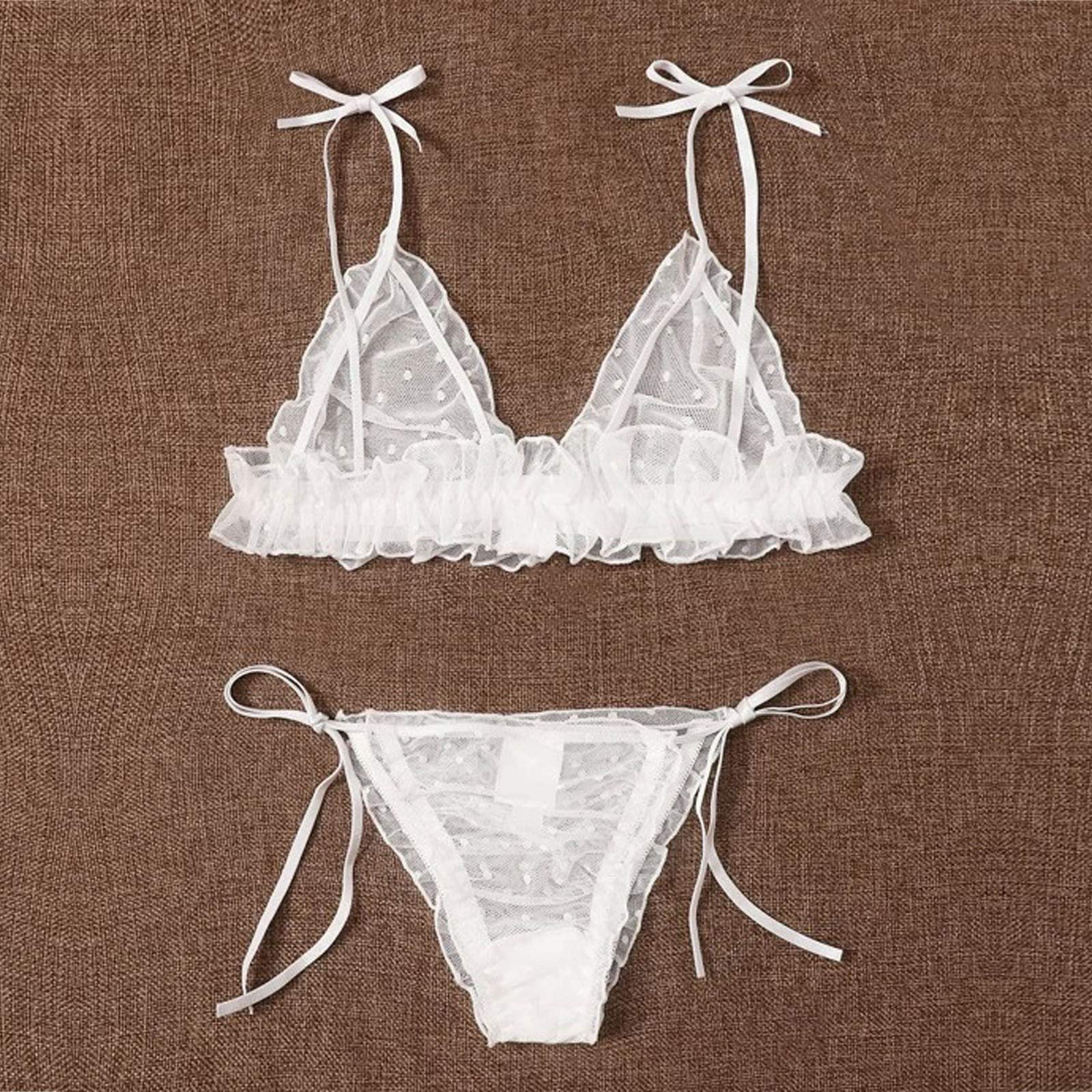 Sexy Lace Thong & Wireless Bra Set - 2 Piece Women's Mesh Lingerie in White (Size S) | Comfortable Intimate Wear for Date Night & Special Occasions