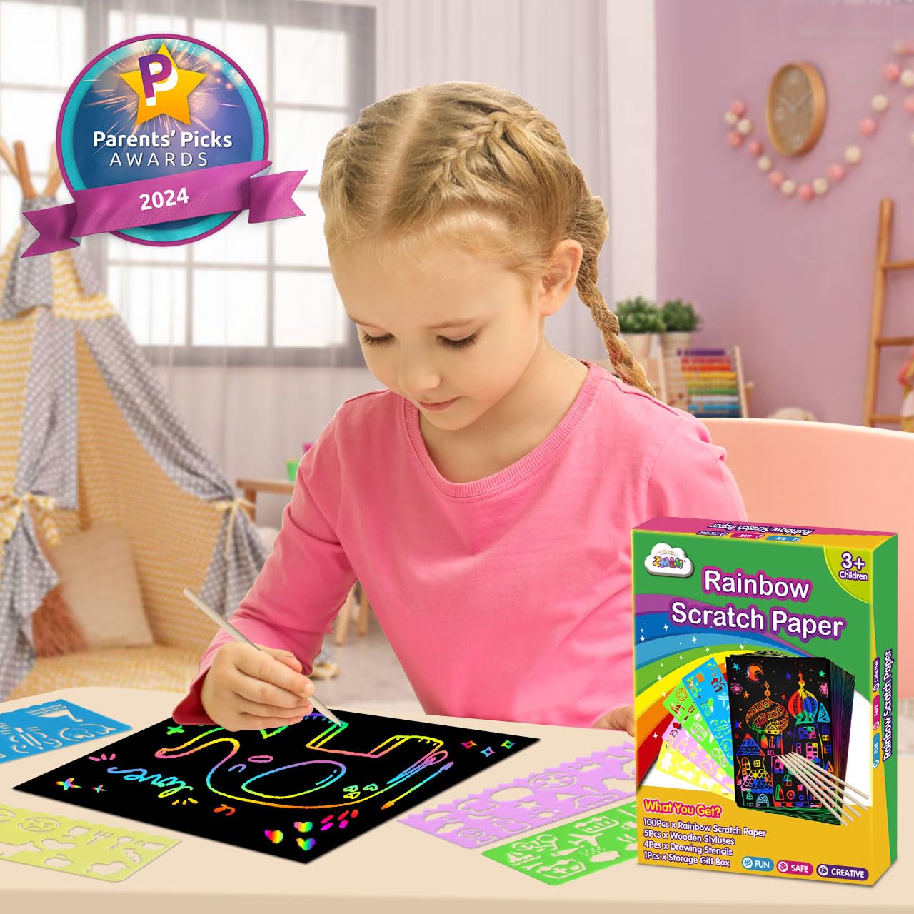 ZMLM Rainbow Scratch Paper Kit: 117Pcs Magic Art Craft Supplies for Kids Ages 3-12, DIY Drawing Pad Set for Boys & Girls, Educational Toy, Creative Activity, Party Favors, Christmas Birthday Gifts for Classroom, Home, Travel Fun