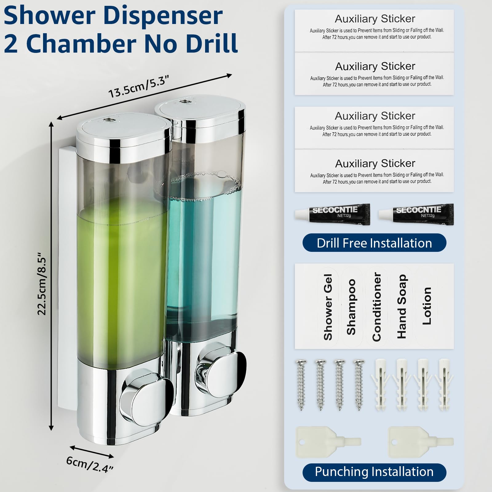 Wall Mounted Shower Shampoo Dispenser - 2 Chamber No Drill Bathroom Organizer for Shampoo, Conditioner & Body Wash - Large Capacity Chrome Finish - Perfect for Spa, Gym & Home Bathroom Storage