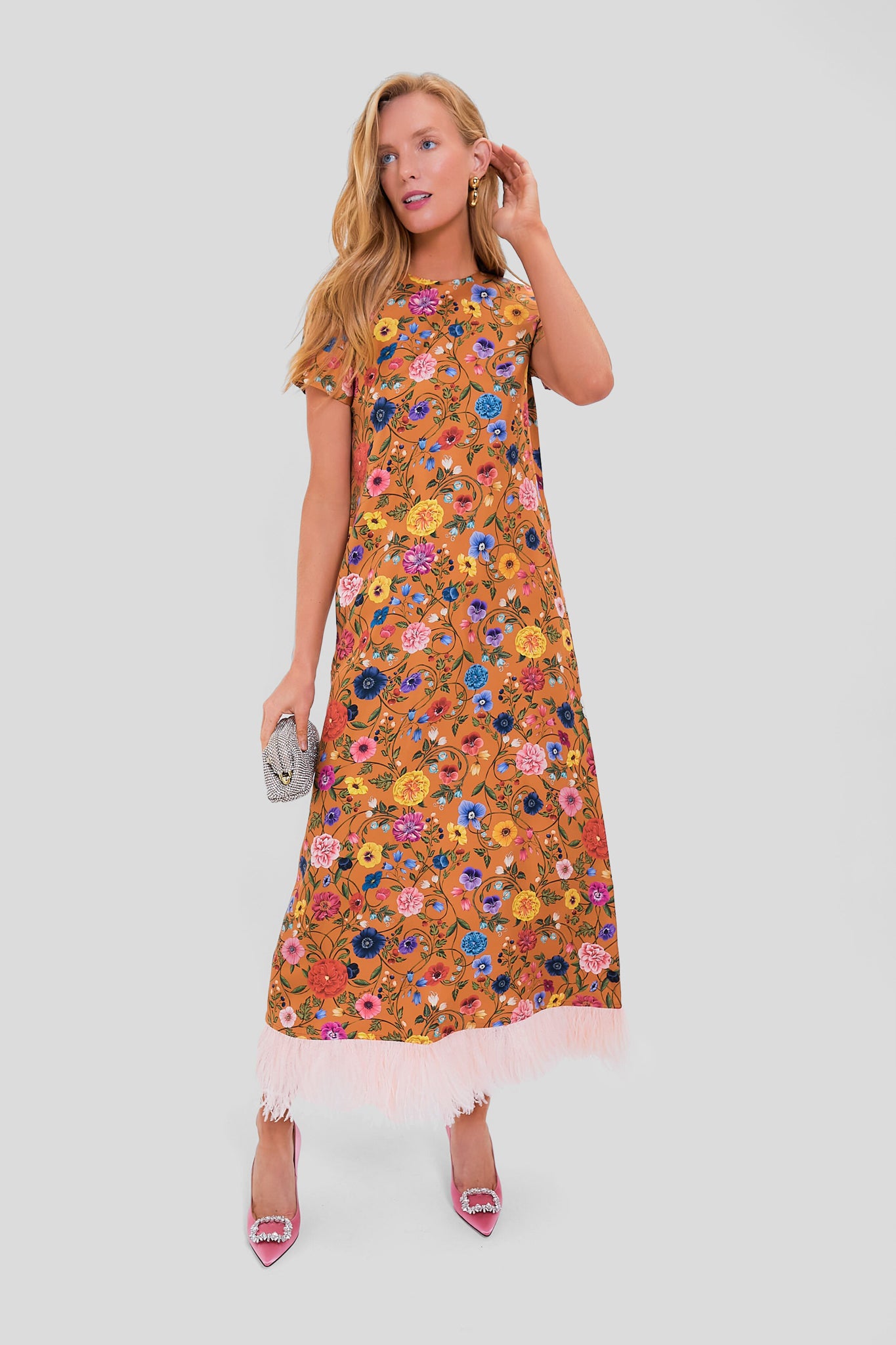 Botticelli Rust Short Sleeve Swing Dress with Feathers - Flowy Summer Dress for Women, Boho Chic Feather Trim Dress - Perfect for Beach Vacations, Date Nights & Outdoor Parties
