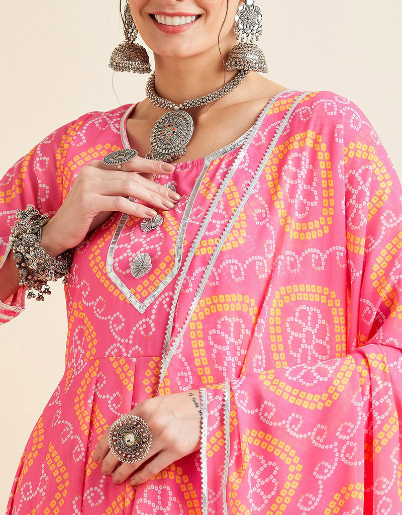 Bandhani Printed Flared Maxi Ethnic Dress with Dupatta - Pink Sherbet Georgette Pant Anarkali for Women | Indian Traditional Party Wear | Wedding, Festival & Special Occasion Outfit