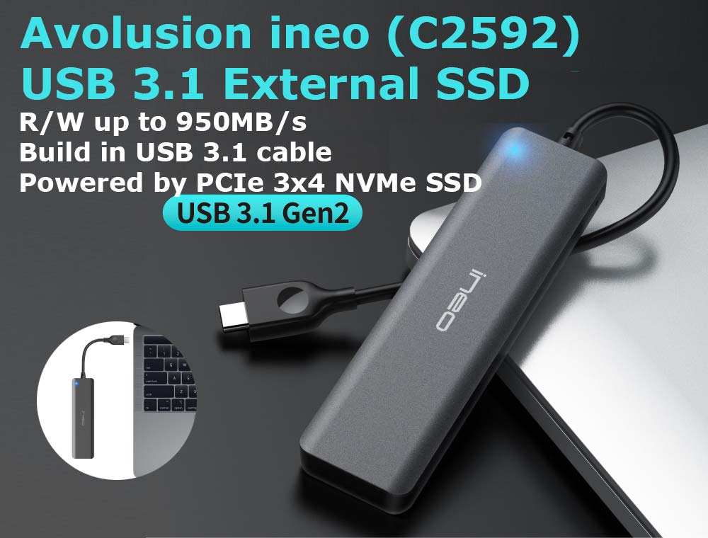 Avolusion ineo (C2592-960G+64G) 960GB USB 3.1 External SSD with Free 64GB Flash Drive | Ultra Slim Portable 1TB Storage | 950MB/s High Speed | 6-Year Warranty | Perfect for Gaming, Video Editing & Data Backup