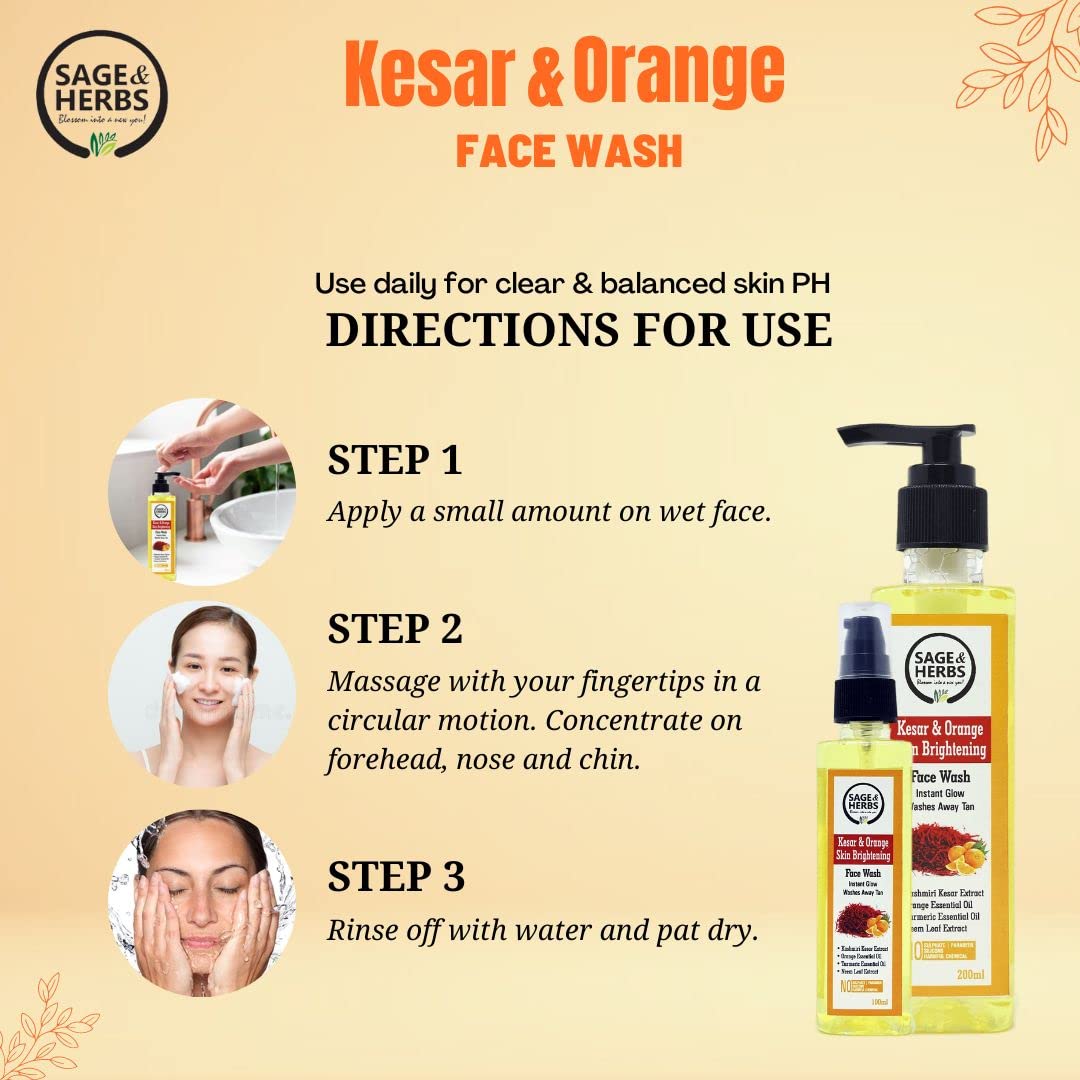 **Sage & Herbs Natural Brightening Kesar Orange Face Wash – Tan Removal & Skin Lightening, Reduces Dark Spots & Blemishes, 100ml – Perfect for Daily Glowing Skin Care Routine**