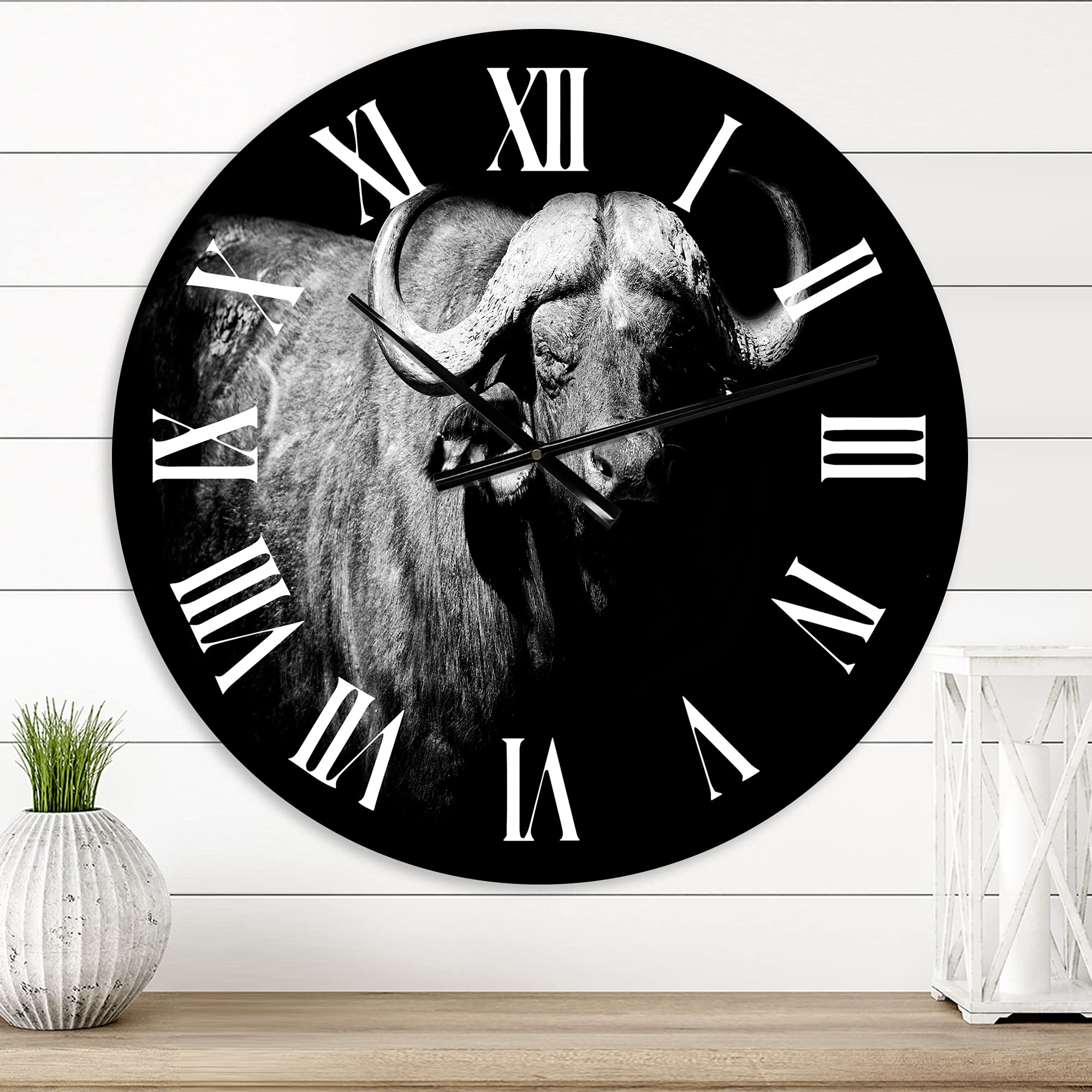DesignQ Farmhouse Wall Clock - Monochrome Buffalo Portrait I - Large Animal Wall Clock for Bedroom, Living Room, Kitchen Decor - Rustic Home & Office Wall Art
