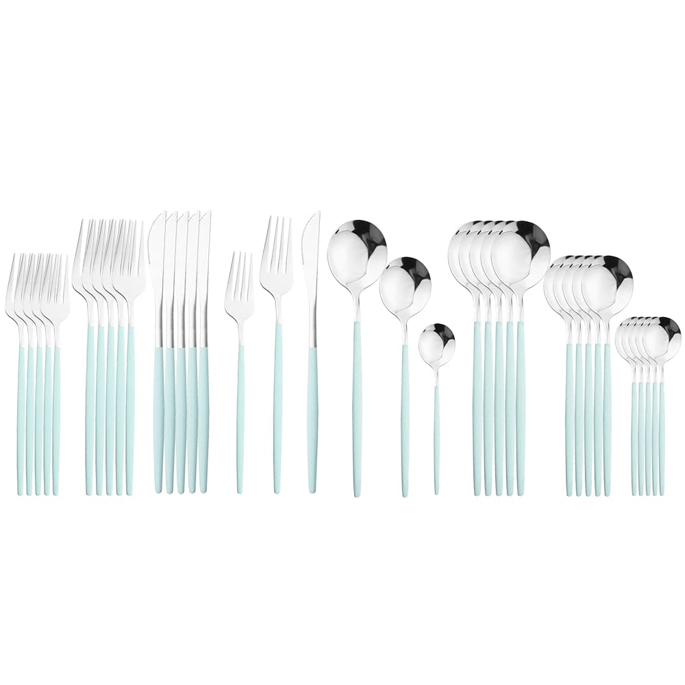 36-Piece Stainless Steel Silverware Flatware Set - Knife Fork Spoon for Dinner, Dessert & Kitchen Use - Mint Silver Cutlery Set for Everyday Dining & Entertaining