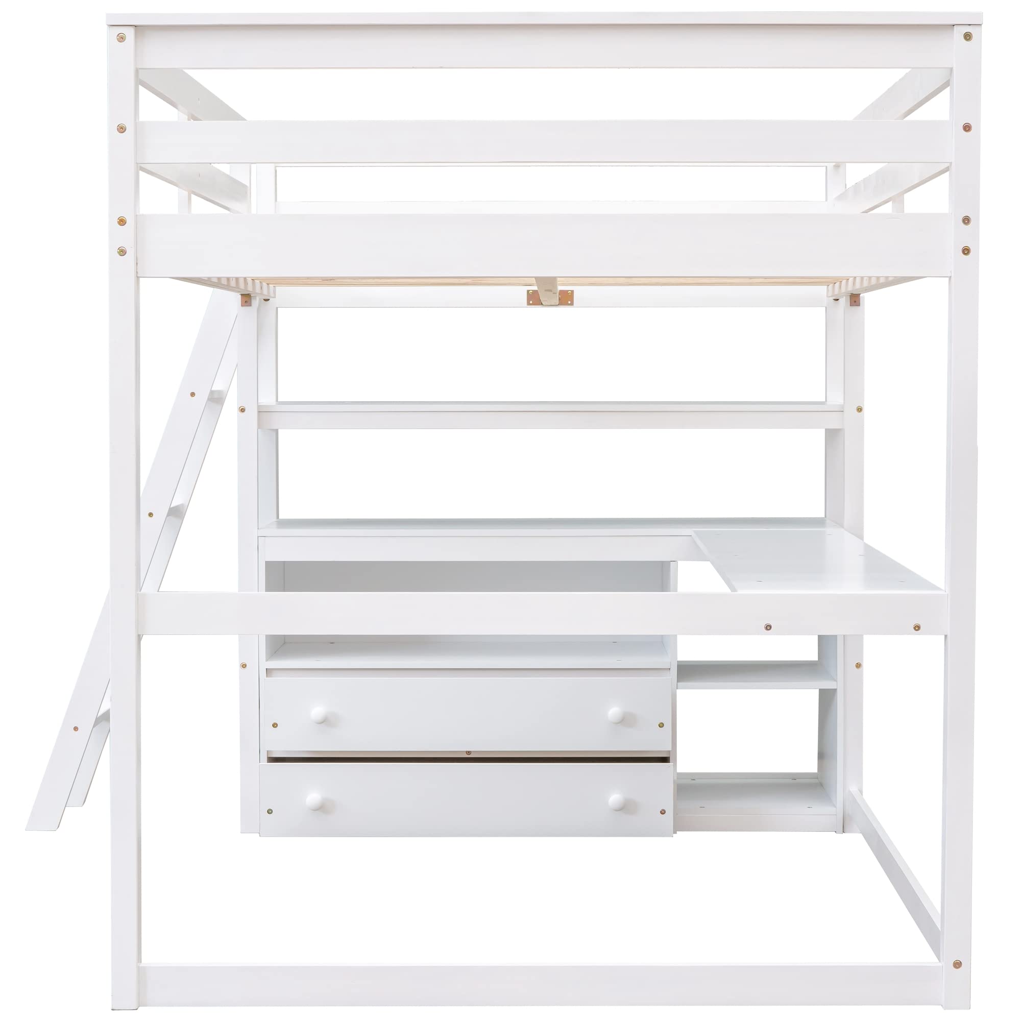 **Full Size Loft Bed with Desk & Storage - Solid Wood Loft Bed Frame with Drawers & Shelves for Kids, Teens & Adults (White) - Perfect for Small Bedrooms, Dorms & Studio Apartments**