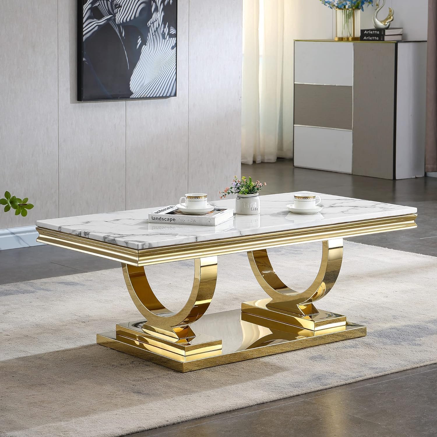Modern 3-Piece Living Room Table Set - Faux Marble Coffee Table & 2 Gold Side Tables with Stainless Steel Legs, Luxury Rectangular Furniture for Apartment, Bedroom & Living Space | Perfect for Small Spaces, Home Decor & Entertaining Guests