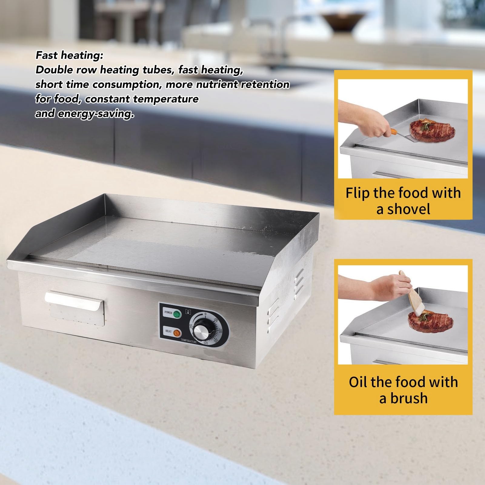Fast Heating Electric Griddle - 2000W, Non-Stick, Adjustable Temp - Perfect for Restaurants & Home Cooking