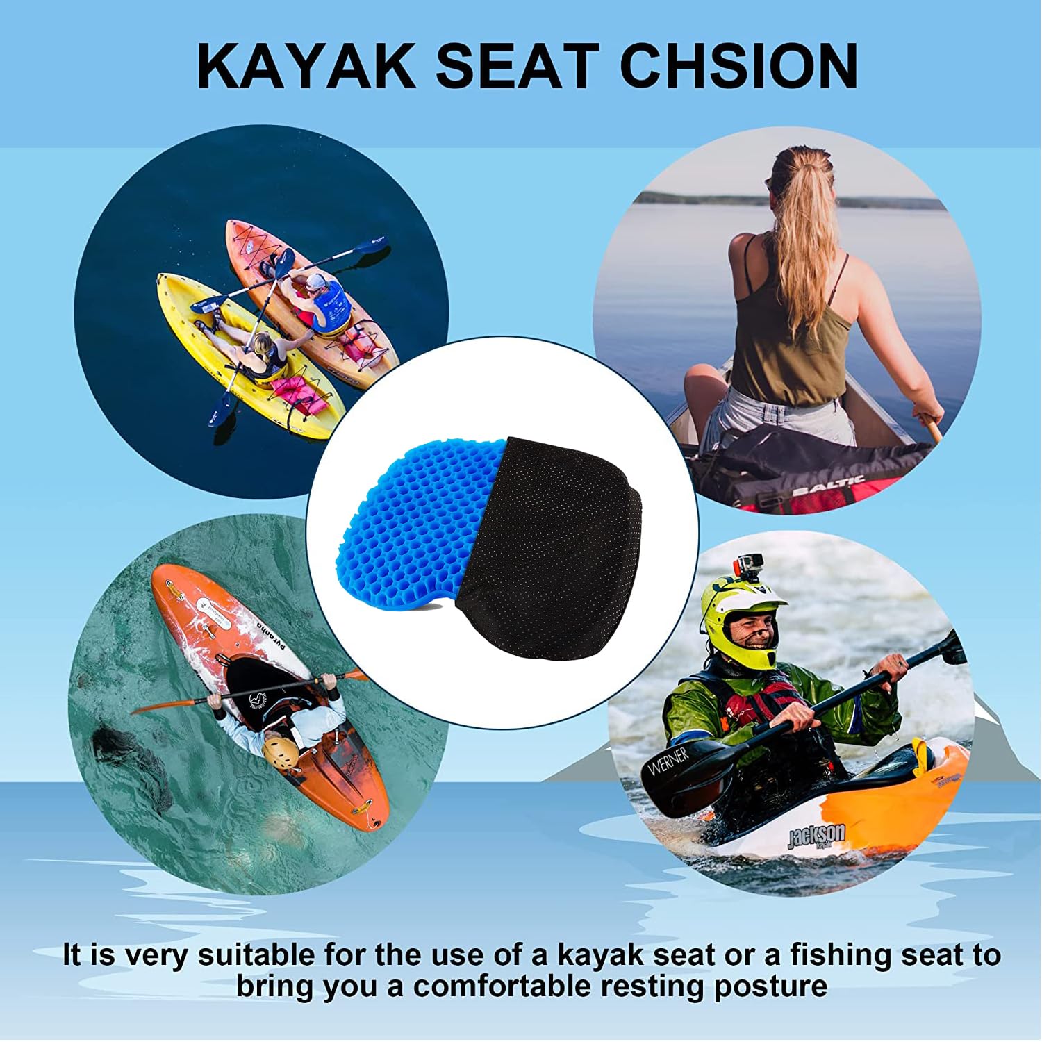 **Non-Slip Waterproof Gel Kayak Seat Cushion with Black Cover – Comfortable Boat Canoe Rowing Pad for Sit-In Kayak Chairs – Durable Kayak Accessories (Blue) – Perfect for Kayaking, Canoeing, and Outdoor Water Sports**