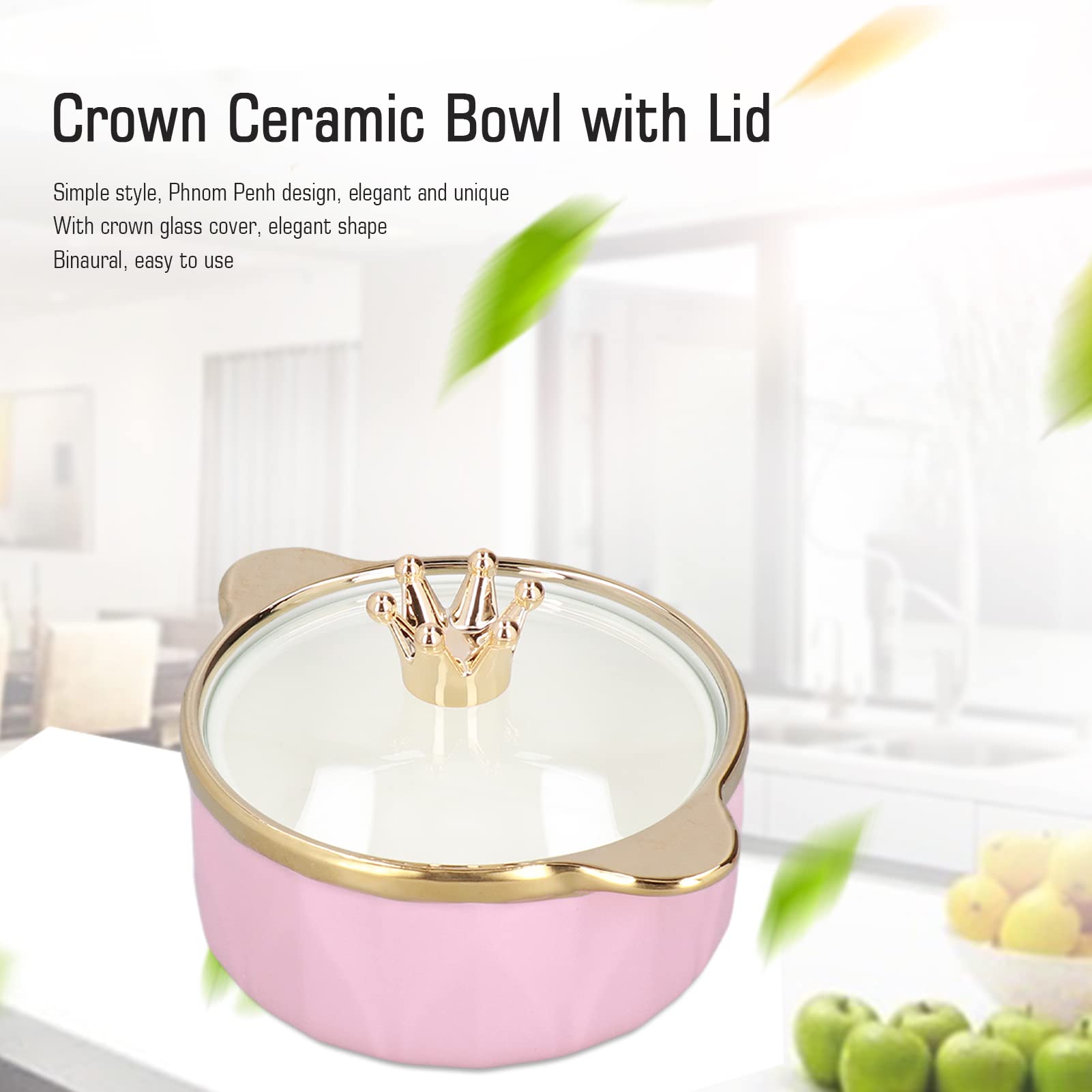 Ceramic Soup Bowls with Lid - 16oz Crown Cereal Bowls for Soup, Rice, Salad & Instant Noodles - Binaural Handle Design, Microwave & Dishwasher Safe (Pink) - Perfect for Home Dining, Office Lunch & Meal Prep