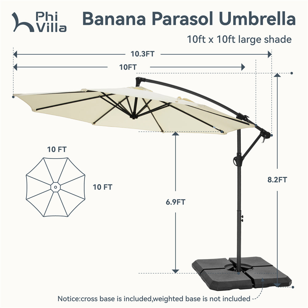 PHI VILLA 10ft Outdoor Patio Offset Cantilever Umbrella with Cross Base - Sun Shade for Poolside, Garden, Deck, and Backyard Relaxation