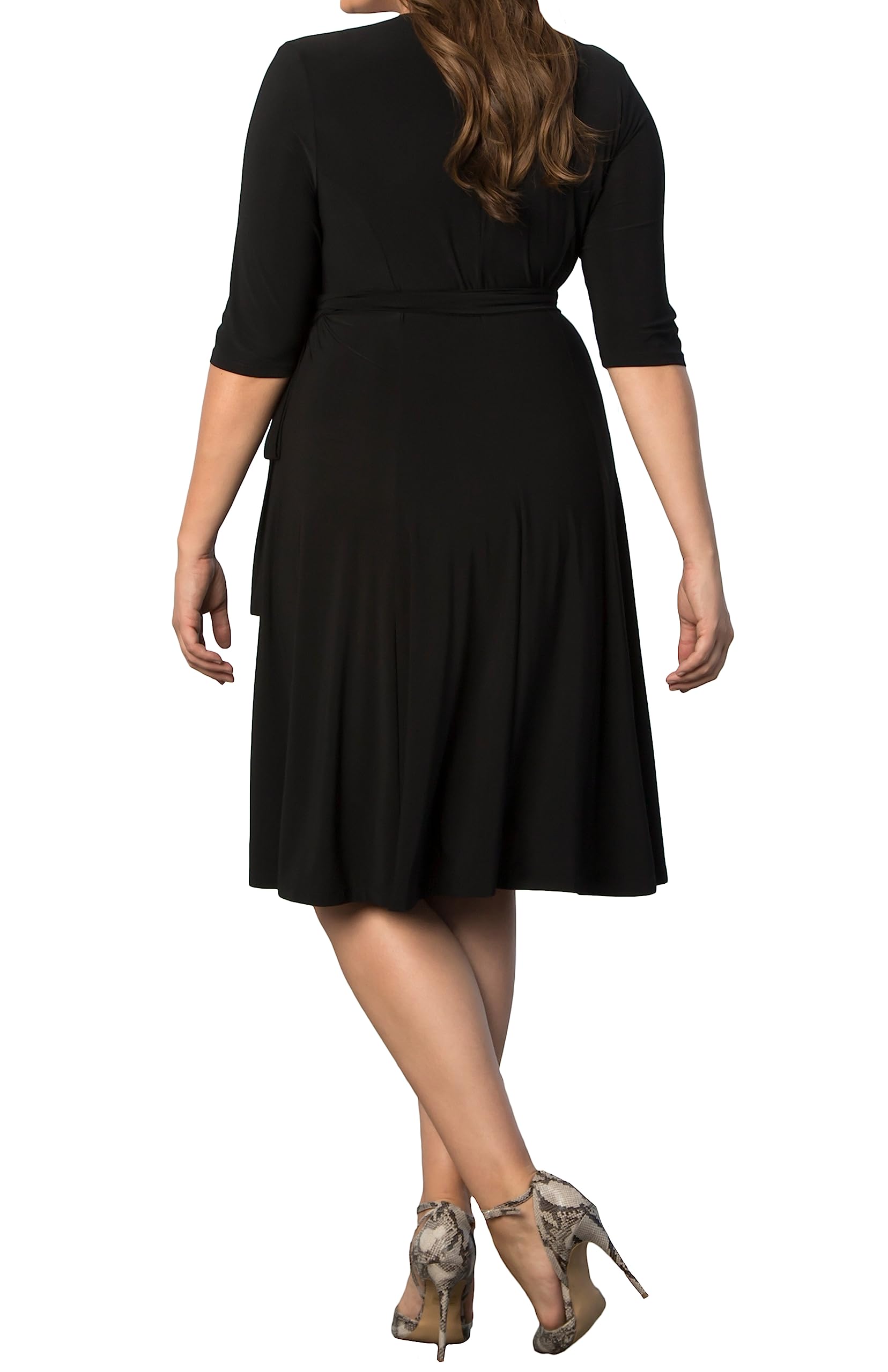 Kiyonna Women's Plus Size Essential Midi Wrap Dress with 3/4 Sleeves | Flattering Casual & Formal Dress for Cocktail Parties, Weddings, Office Work & Special Occasions