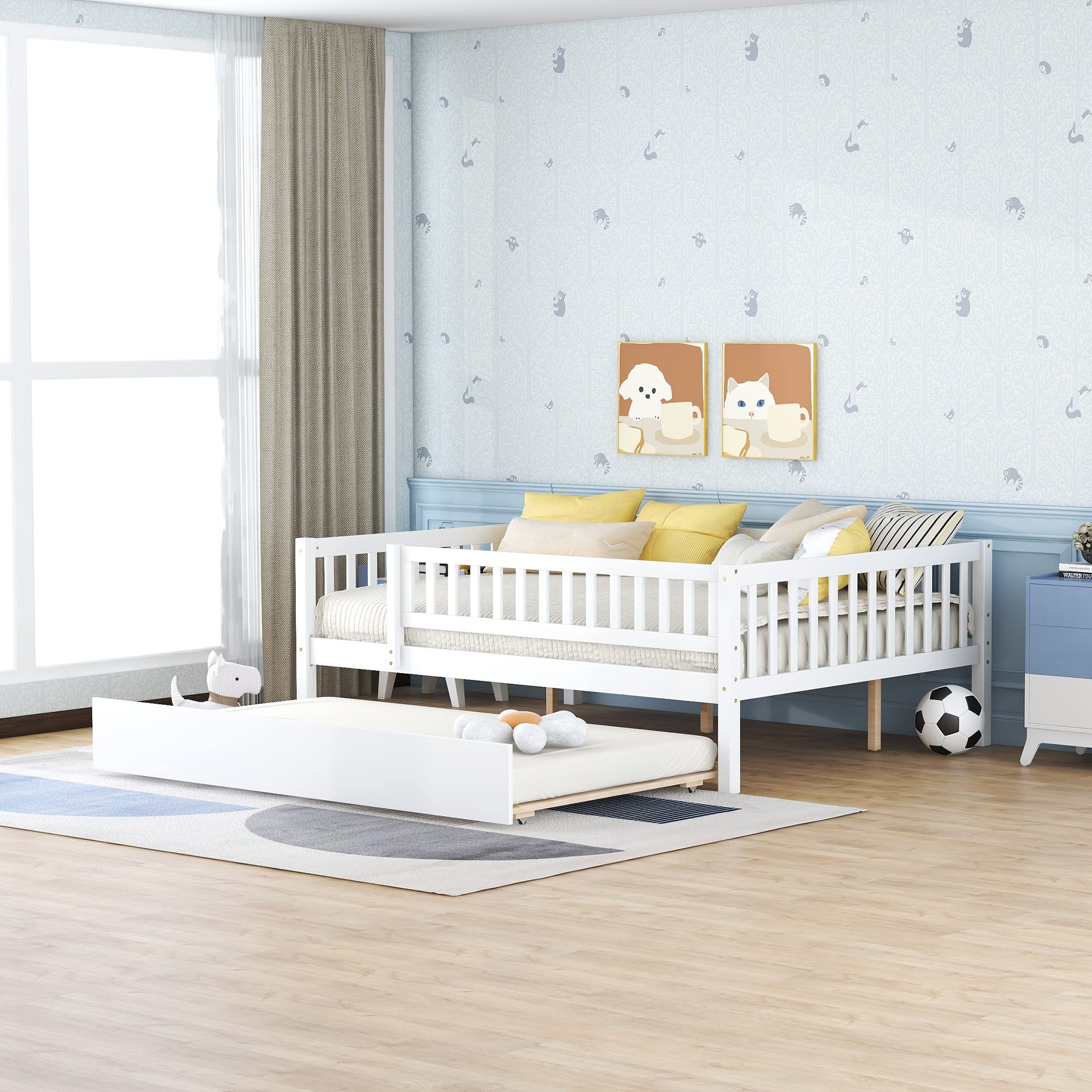 DEINPPA Full Size Wooden Daybed with Trundle - Twin Kids Bed Frame with Safety Guardrails for Boys, Girls, Toddlers & Children - White | Perfect for Nursery, Playroom & Small Bedroom Spaces