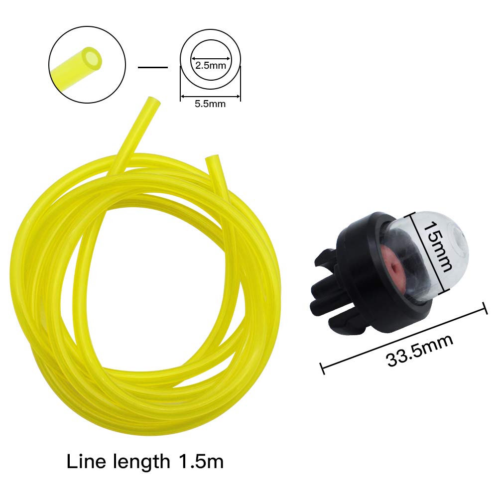 PVC Fuel Hose 5.5mm×2.5mm×1.5M with 4 Snap-In Primer Bulbs - Compatible with Lawn Mowers, Blowers, Stihl, Weed Eater, McCulloch & Ryobi - Durable Replacement Part for Small Engine Maintenance & Repair
