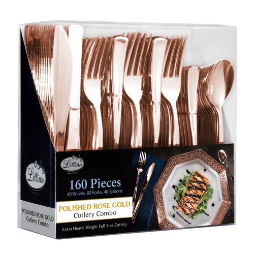 Premium Heavyweight Disposable Plastic Cutlery Set - 160-Piece Rose Gold Flatware Combo (80 Forks, 40 Spoons, 40 Knives) for Parties, Picnics, Catering & Events - Elegant Disposable Silverware Value Pack