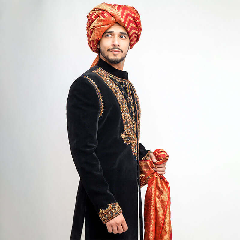 Jet Black Cocktail Velvet Sherwani for Men - Maharaja Style Slim Fit Indian Wedding Suit | Perfect for Grooms, Gala Events & Royal Celebrations