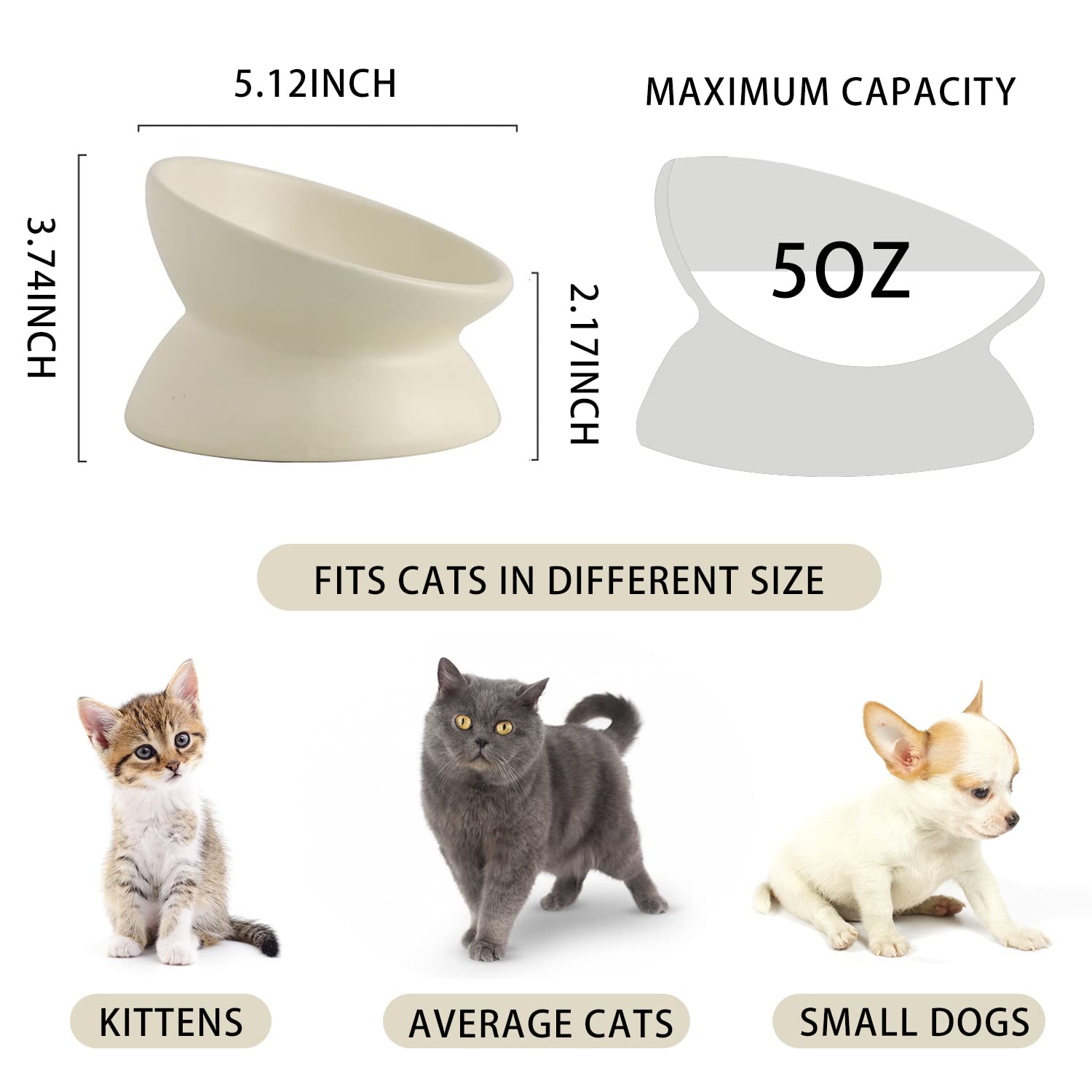 Premium Ceramic Elevated Cat Bowl - Whisker Friendly Tilted Pet Dish for Food & Water - Anti-Vomit Design Reduces Neck Strain (Cream-White) - Perfect for Kittens, Adult & Senior Cats at Home or Travel