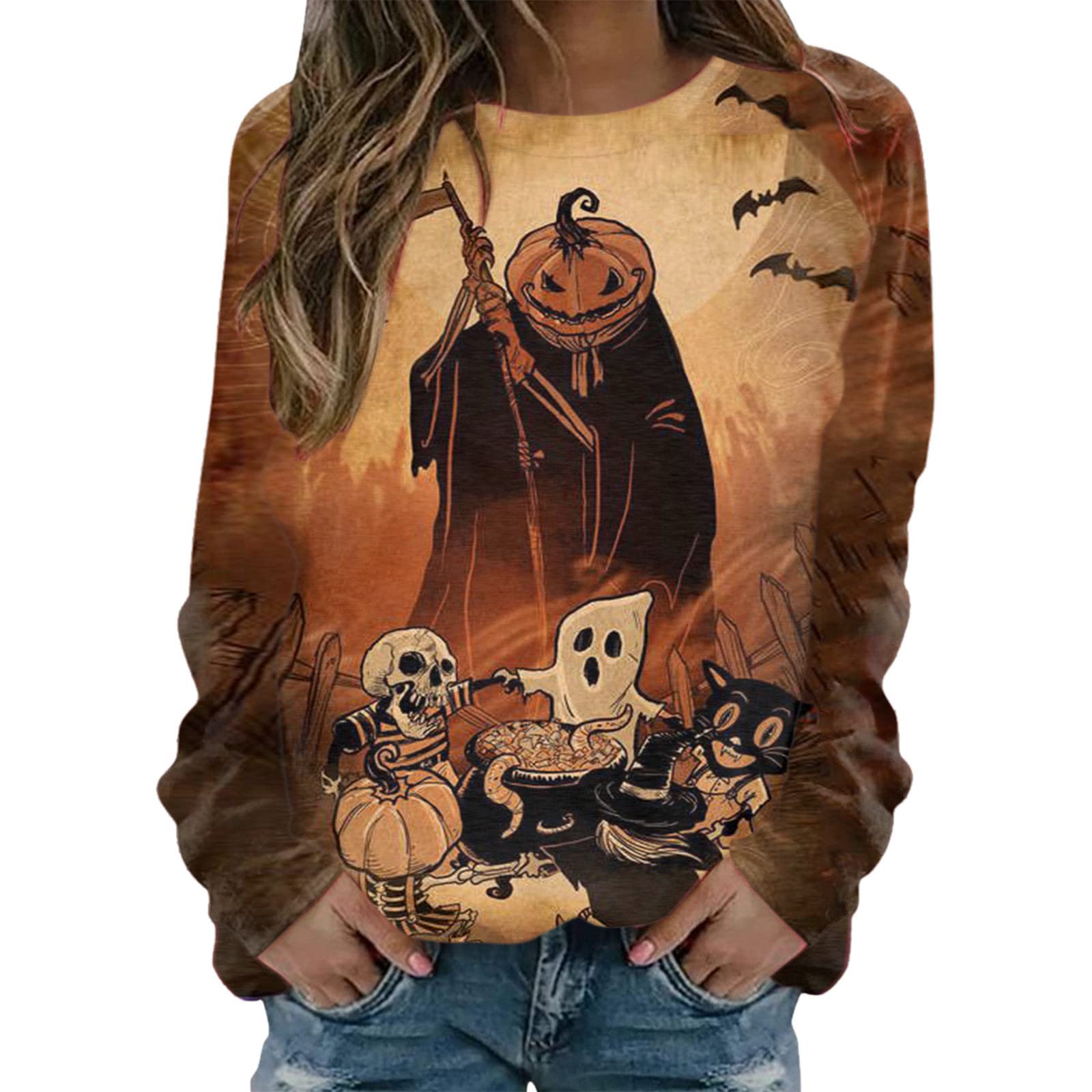 **Women's Halloween Graphic Long Sleeve Crewneck T-Shirt - Casual Pullover Sweatshirt Top for Fall & Halloween Parties**    *(Perfect for Halloween Costumes, Trick-or-Treating, Themed Parties & Cozy Fall Outfits)*