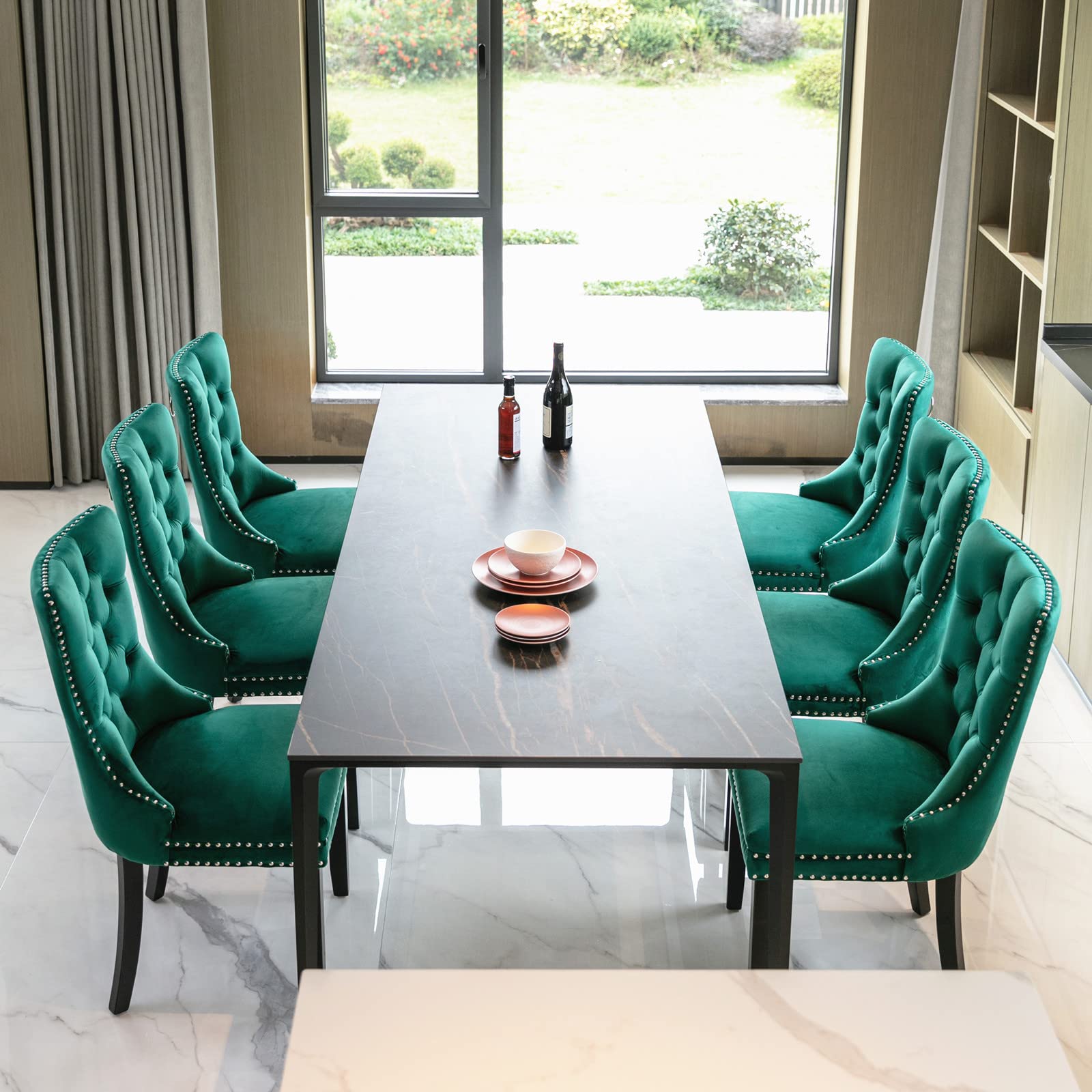 Rhomtree Set of 2 Velvet Dining Chairs - Luxury Tufted Back with Nailhead Trim, Solid Rubber Wood Legs - Emerald Green Accent Chairs for Kitchen, Dining Room & Home Decor