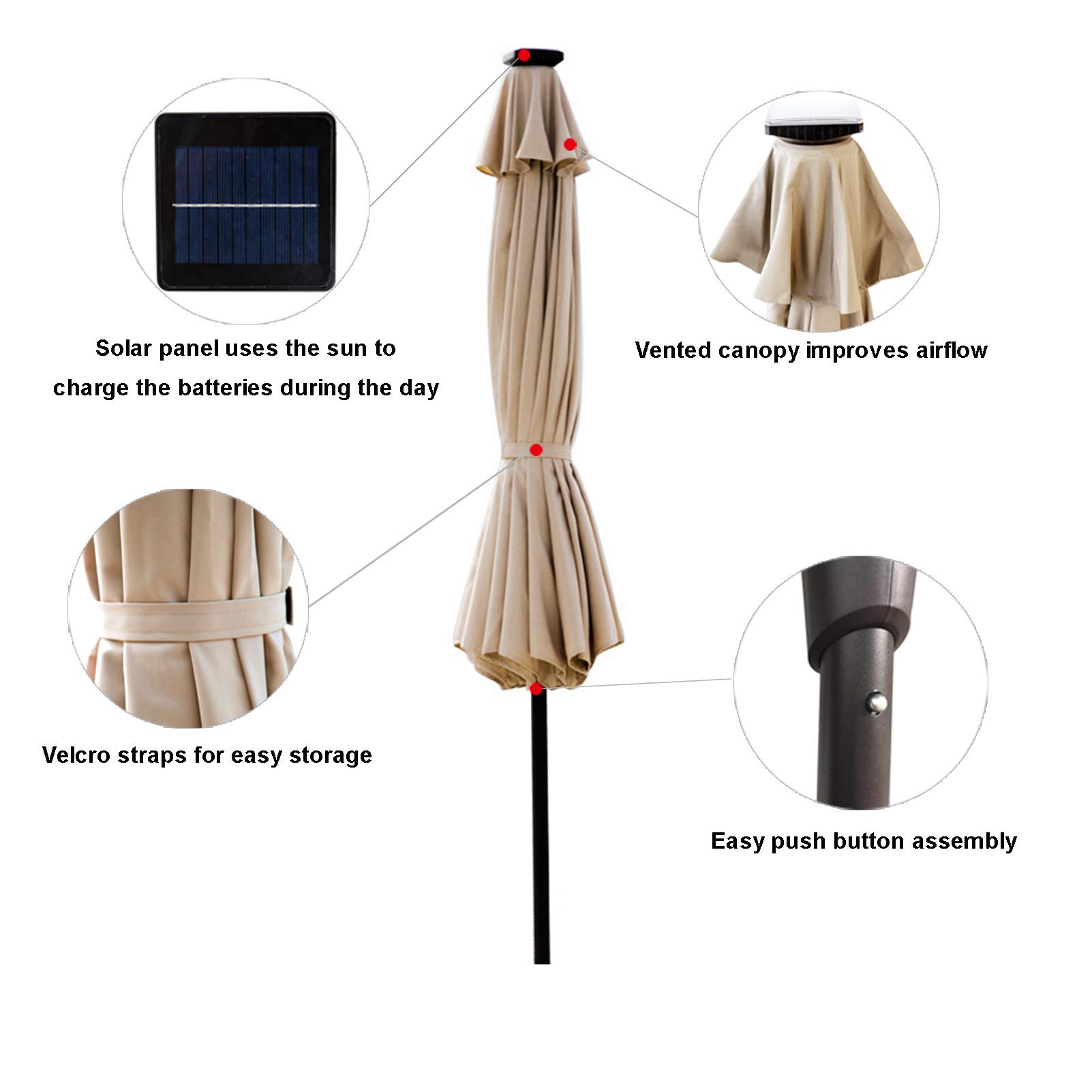 11 ft Solar LED Patio Umbrella with Tilt - Outdoor Market Table Umbrella for Garden, Poolside & Backyard - Waterproof & Windproof Sun Shade for Deck, Restaurant & Commercial Use