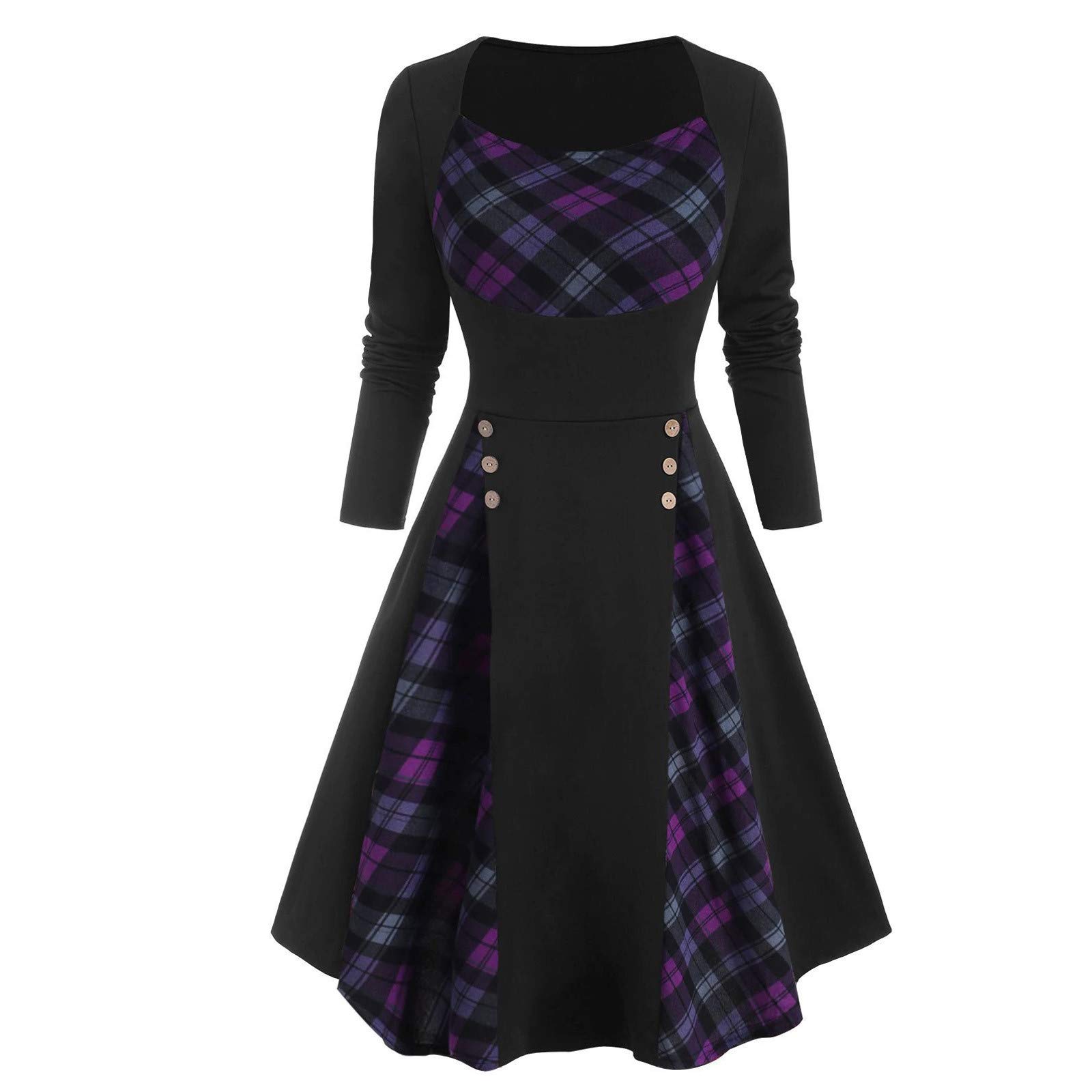 Plus Size Women's Plaid Long Sleeve Mock Button Dress - Modest Summer Flowy Midi Dress for Casual Wear, Office & Church Occasions