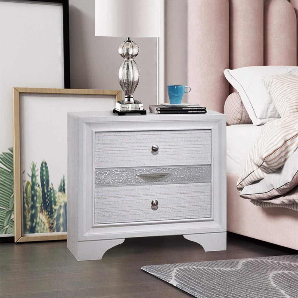 Modern White Nightstand with 3 Drawers - Elegant Wood Bedside Table with Crystal Inserts for Bedroom Storage - Fully Assembled Delivery | Perfect for Small Spaces, Guest Rooms & Apartment Living