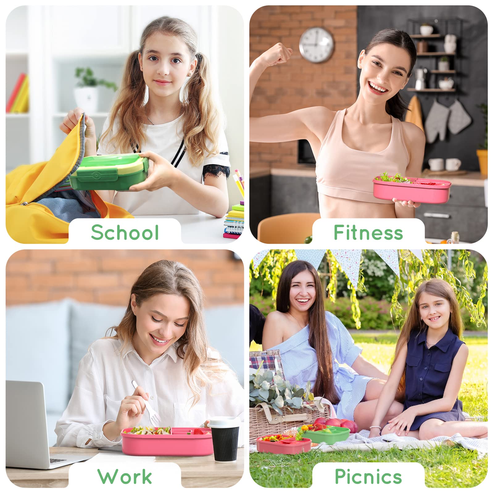 Leakproof 44oz Bento Lunch Box for Kids - 4 Compartment BPA-Free Reusable Food Container with Cutlery - Perfect for School Meals, Snacks, Picnics & Travel (Green)