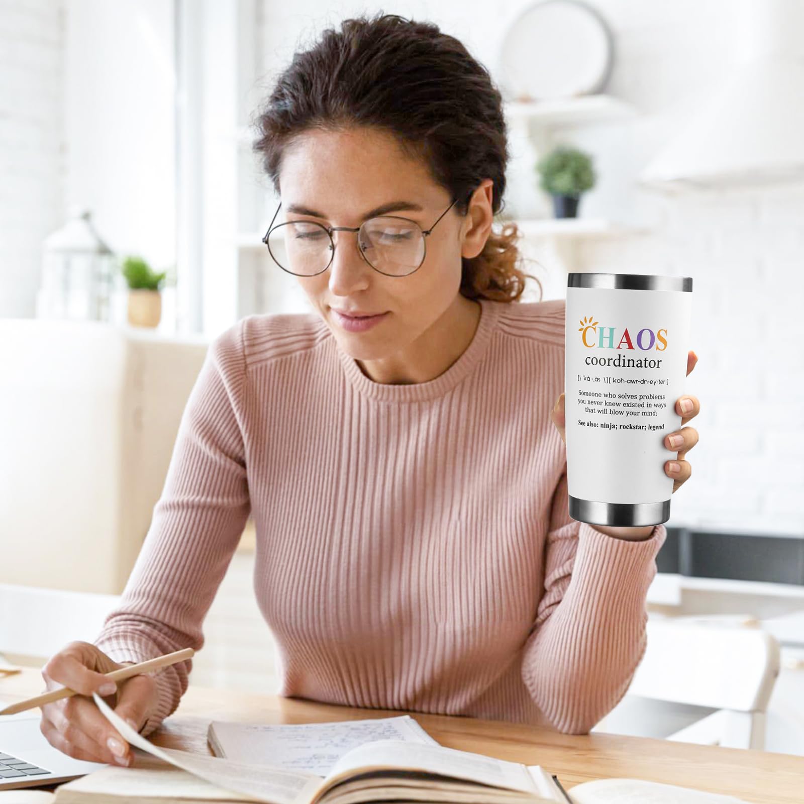NOWWISH Chaos Coordinator Tumbler 20oz - Funny Thank You Gift for Mom, Women, Coworkers, Teachers & Nurses - Perfect for Mother's Day, Birthday & Office Appreciation - White Insulated Cup for Coffee, Tea & Daily Use