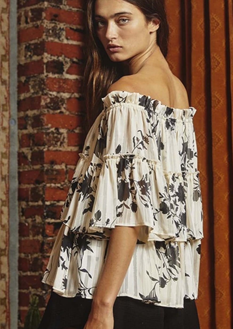 Elegant Chiffon Tiered Off-the-Shoulder Floral Blouse for Women | Summer Boho Chic Top | Perfect for Beach Vacations, Date Nights & Outdoor Parties