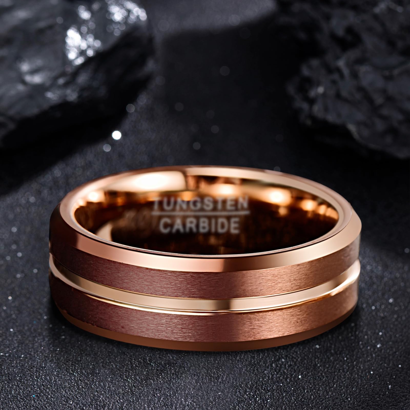 Tungsten Rings for Men - 8mm Rose Gold & Blue Grooved Wedding Band, Two Tone Black/Brown/Blue, Sizes 5-14 - Durable & Scratch Resistant for Everyday Wear, Wedding, Anniversary & Special Occasions