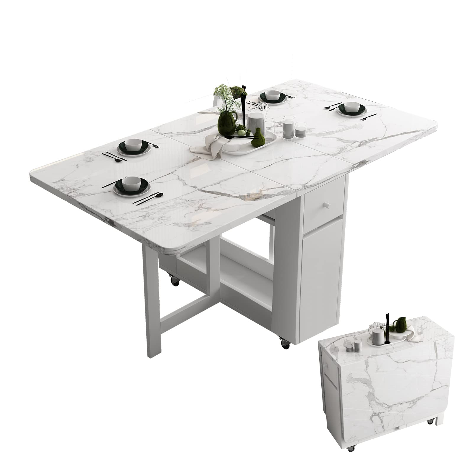 FUNROLUX White Folding Dining Table with Rack & 2 Storage Drawers - Extendable Space Saving Kitchen Table with 3 Adjustable Forms | Perfect for Small Apartments, Studio Kitchens & Compact Living Spaces