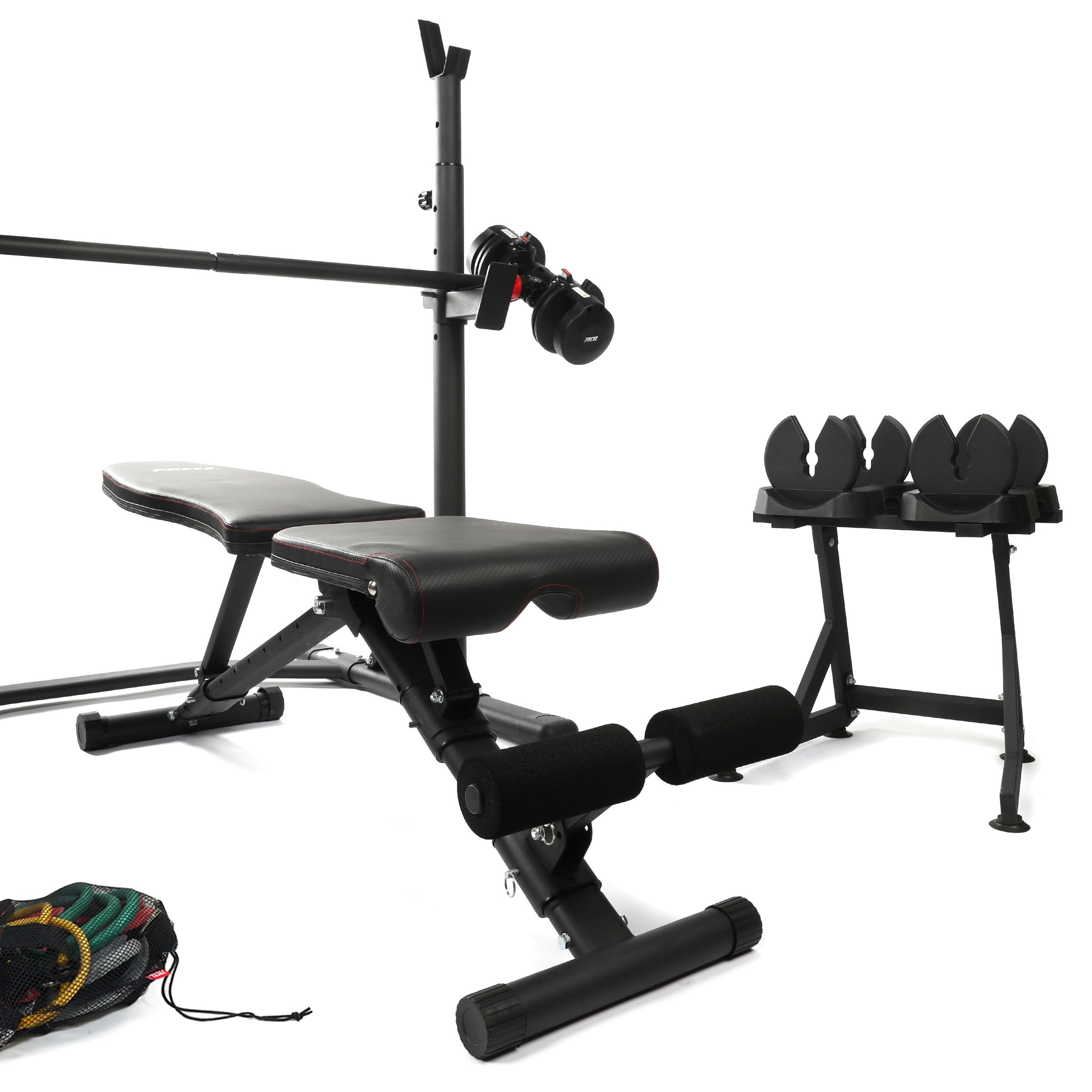PRCTZ SP3 Home Gym Bundle – Olympic Weight Bench with Squat Rack, 6ft Modular Barbell, 10-30lb Adjustable Dumbbells & Resistance Bands – Perfect for Full-Body Workouts at Home