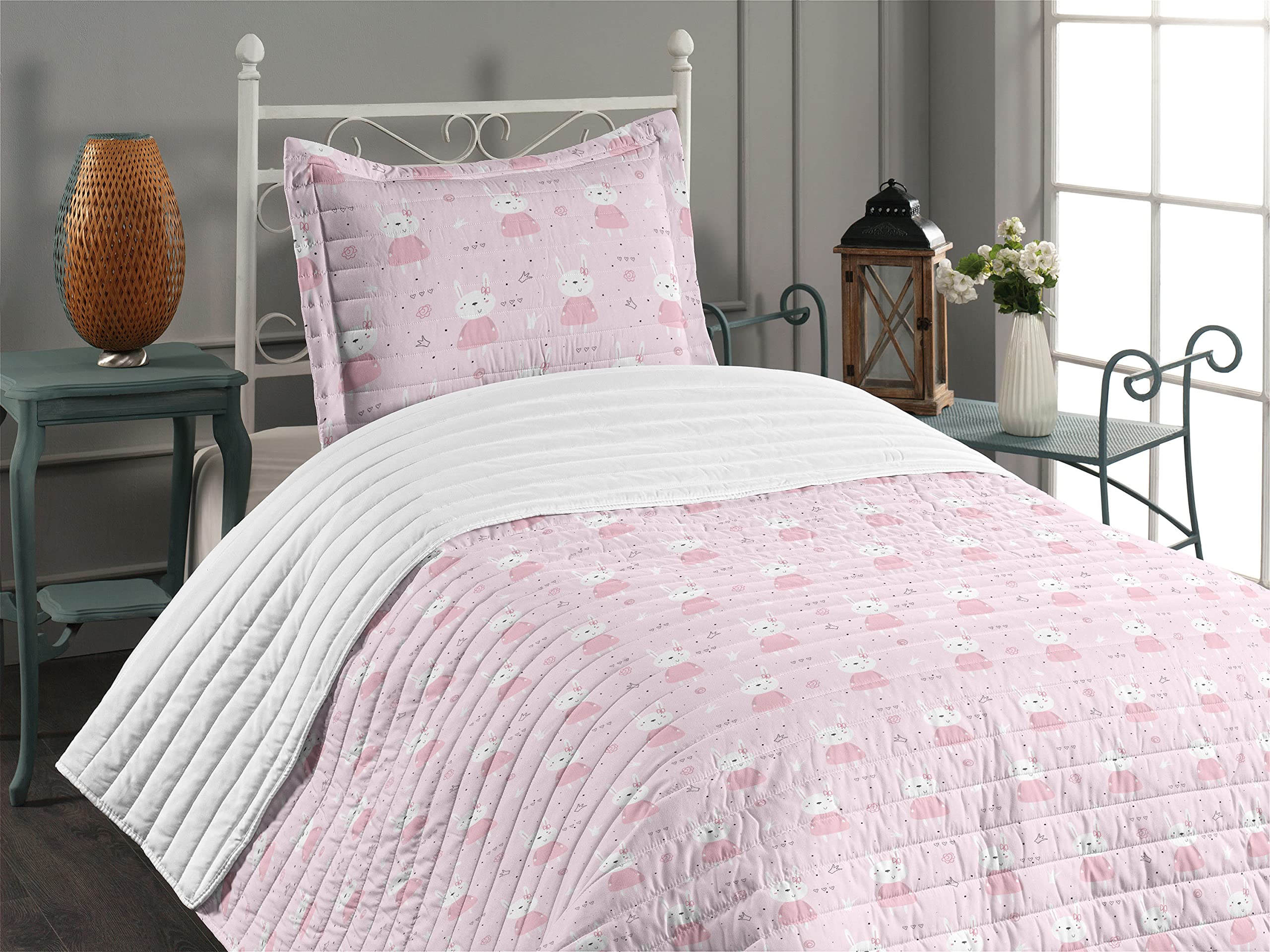 Lunarable Bunny Microfiber Twin Bedspread Set - Soft Pink Dress Rabbits with Tiny Hearts & Flowers Design, Includes Comforter & Pillow Sham (Pale Pink/White/Black) | Girls Bedroom Decor, Nursery Bedding, Easter Gift Idea | Perfect for Spring Decor, Toddler Bedding, Birthday Gifts & Cozy Sleepovers | Ideal for Kids' Room Makeover, Baby Shower Gift, and Cozy Bedtime Comfort