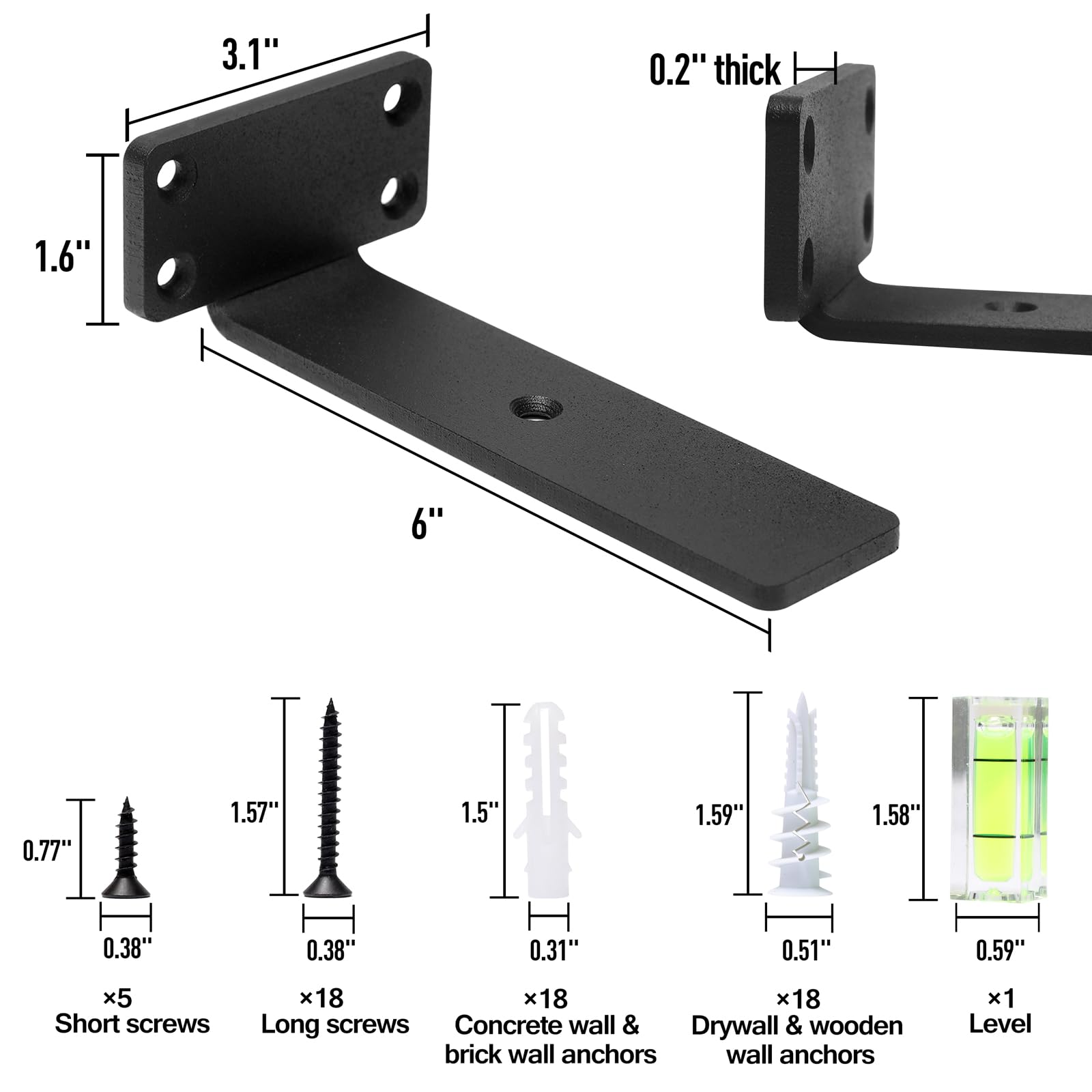 Heavy Duty Floating Shelf Brackets 6-Inch (1/5'' Thick) - Hidden Shelves Hardware, Cast Iron L Brackets - Rustic Industrial Black Metal Wall Shelving Supports (4 Pack) - Perfect for Home Office, Kitchen, Bathroom & Garage Storage Organization