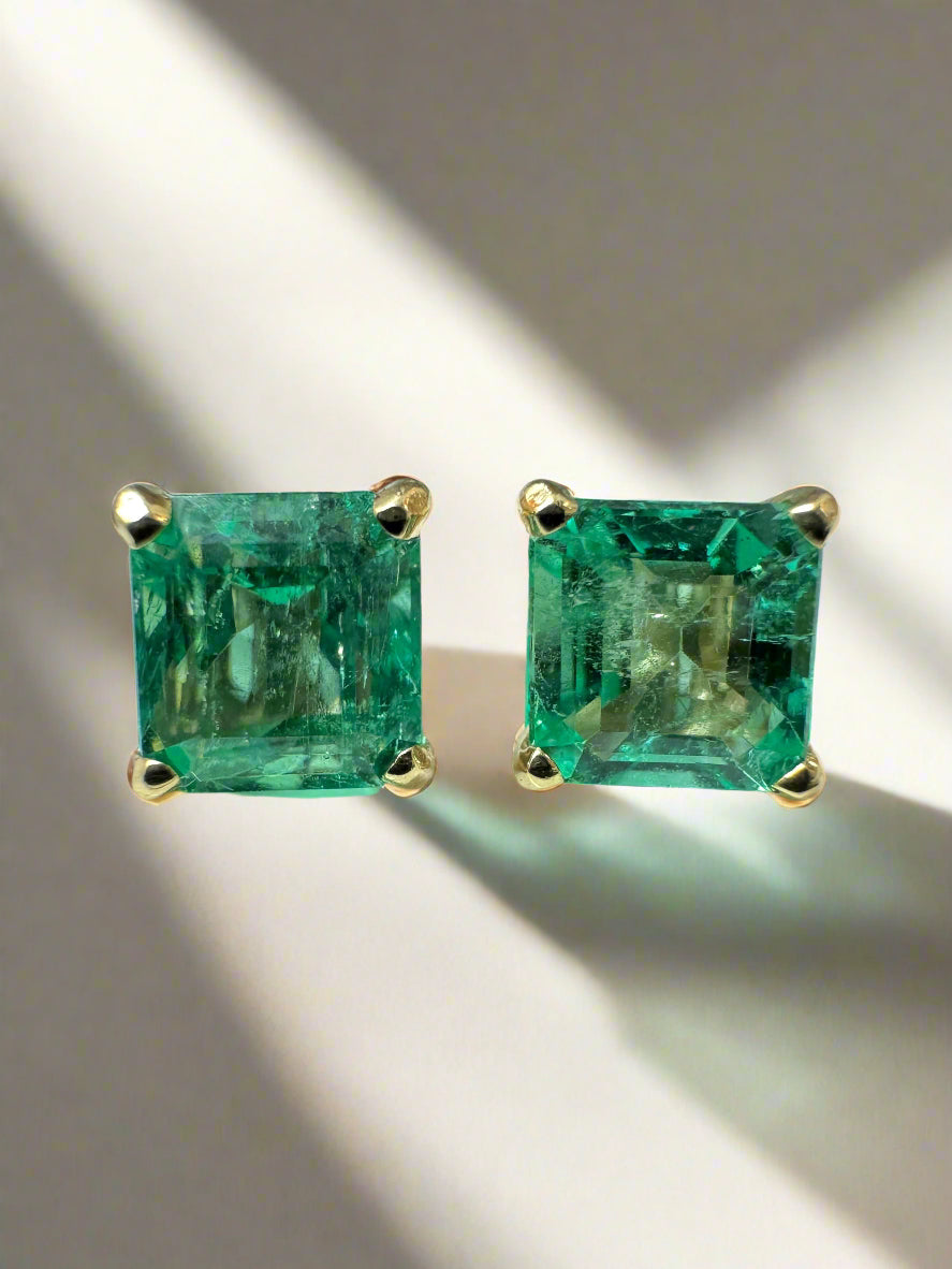 1.39tcw Vibrant Asscher Cut Colombian Emerald Stud Earrings in 14K Yellow Gold - Perfect for Weddings, Parties & Special Occasions