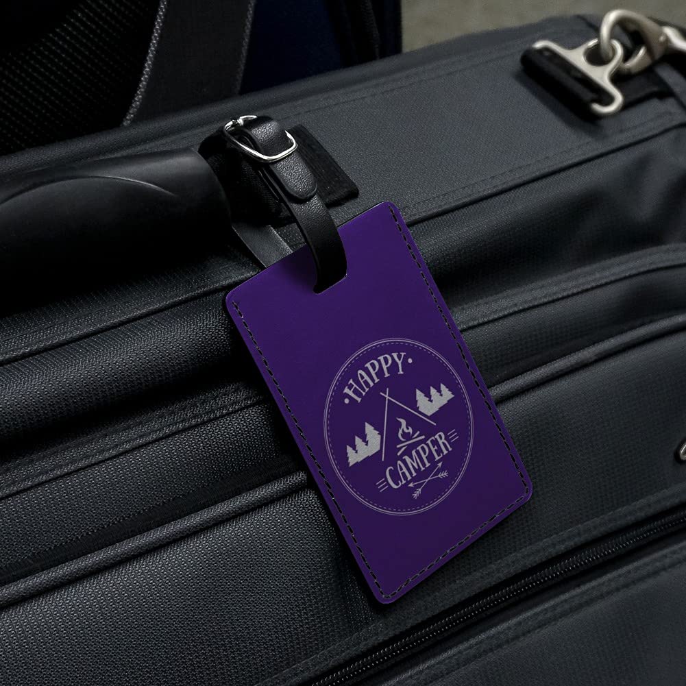Happy Camper Rectangle Leather Luggage Tag - Personalized Carry-On ID Tag for Travel Bags - Perfect for Suitcases, Backpacks & Camping Gear (Campfire Design)
