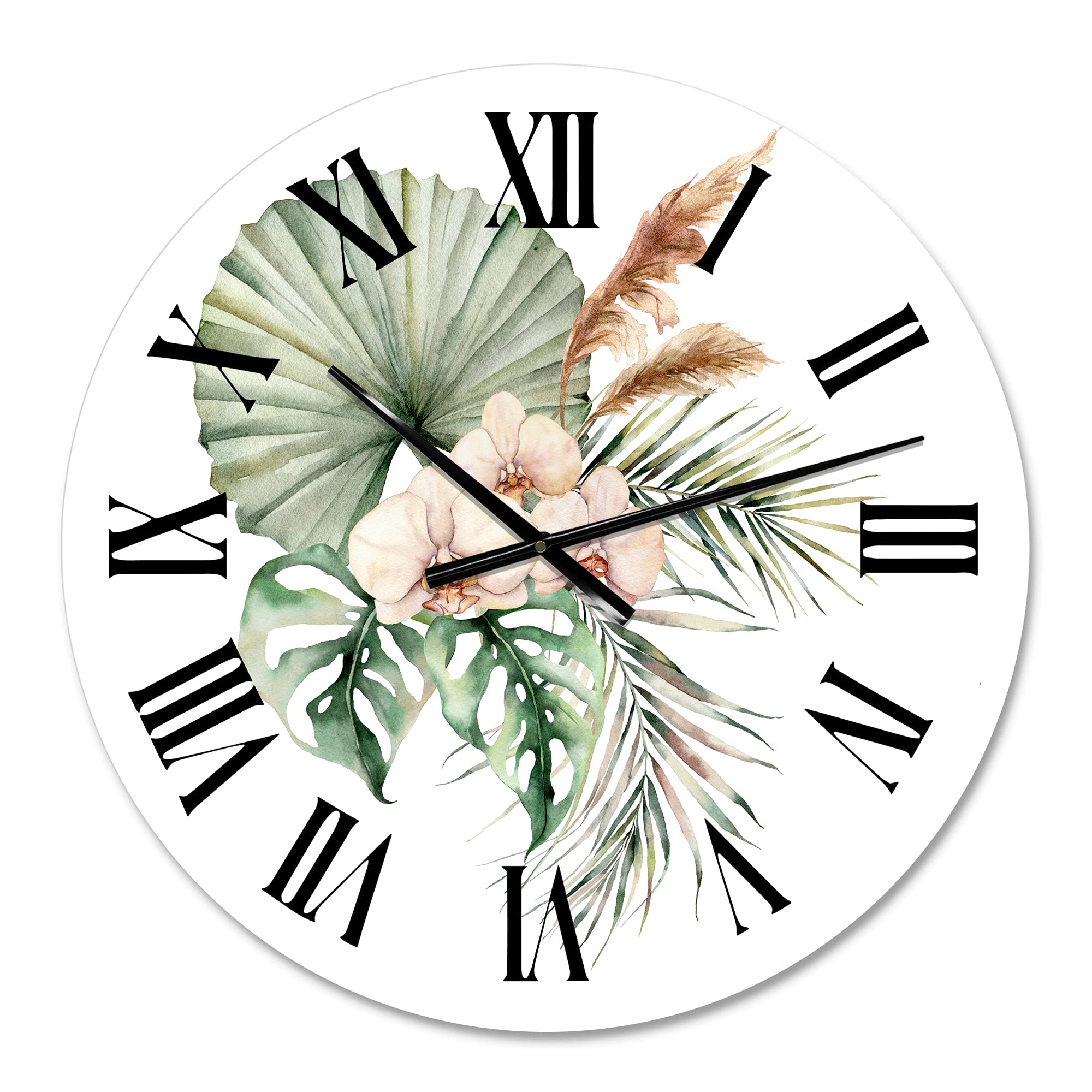 DesignQ Traditional Wall Clock - Tropical Bouquet with Orchids & Palm Leaves - Large Floral Botanical Wall Clock for Living Room, Bedroom, Office Decor - Perfect for Home, Office & Gift Giving
