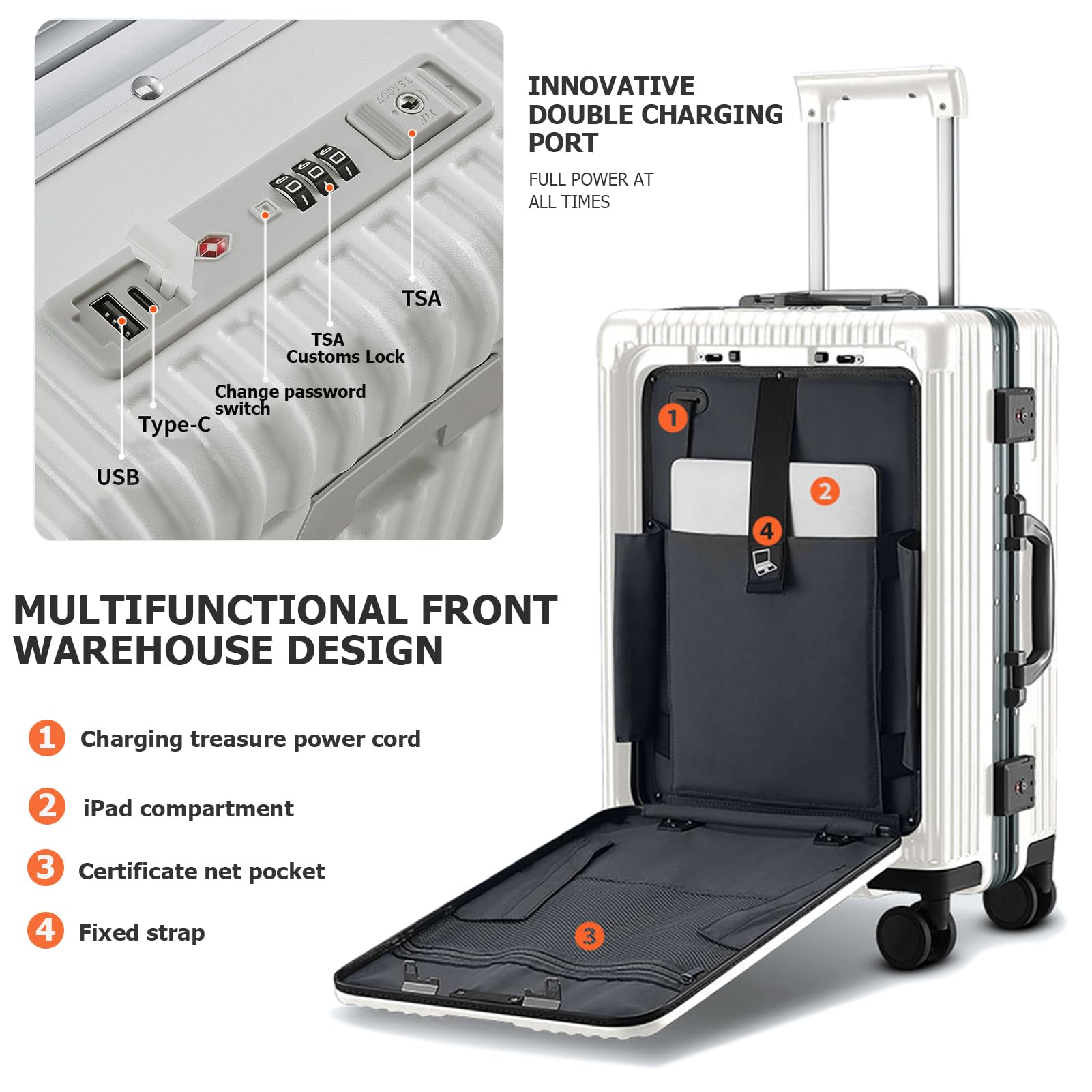 Feilario 20-Inch Aluminum Frame Hardside Spinner Wheel Carry-On Luggage with TSA Lock, USB Charging Port, Cup Holder & Phone Holder - Perfect for Air Travel, Business Trips & Weekend Getaways